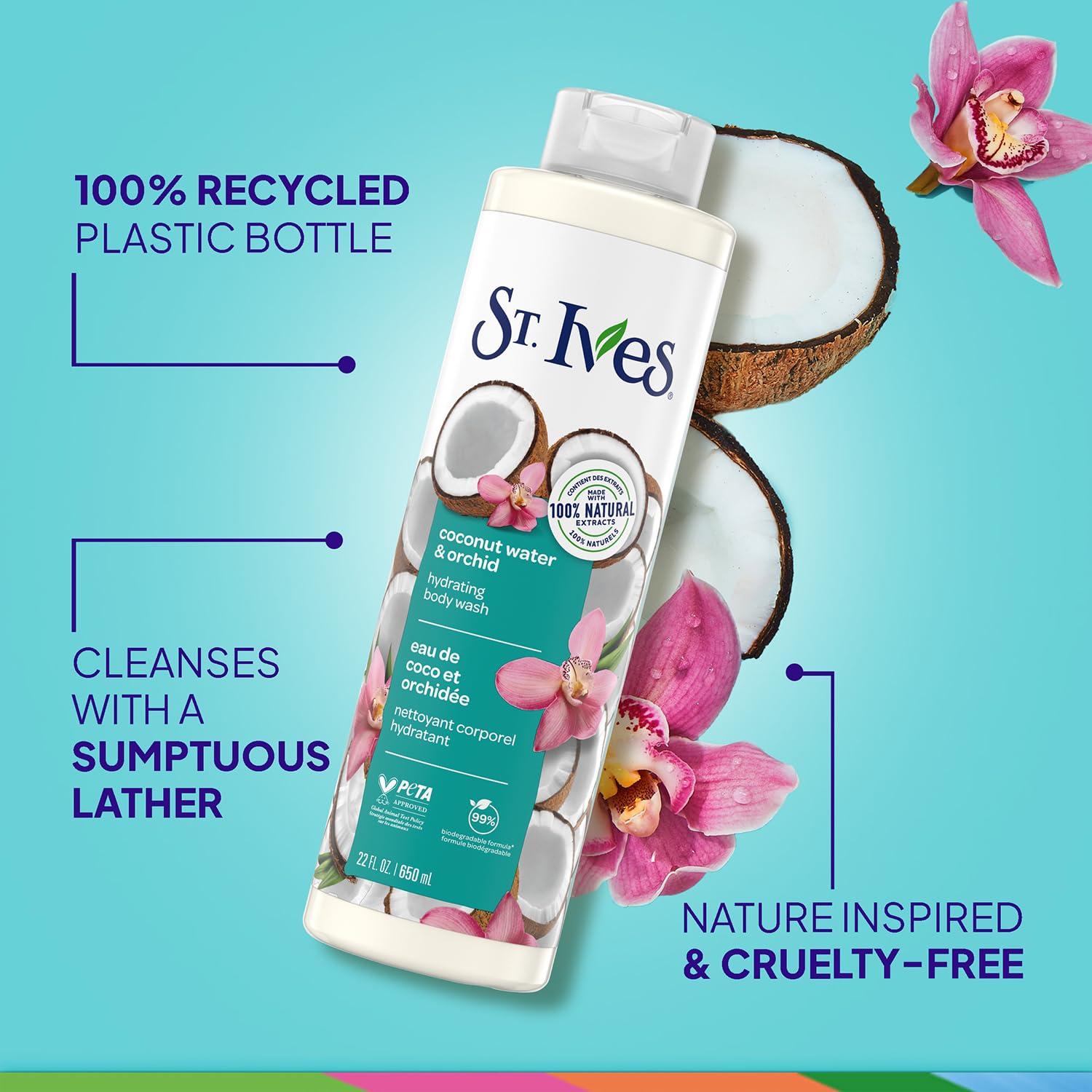 St. Ives Coconut Water & Orchid Hydrating Shower Gel 2-Pack – 22 oz Each | 100% Natural Extracts