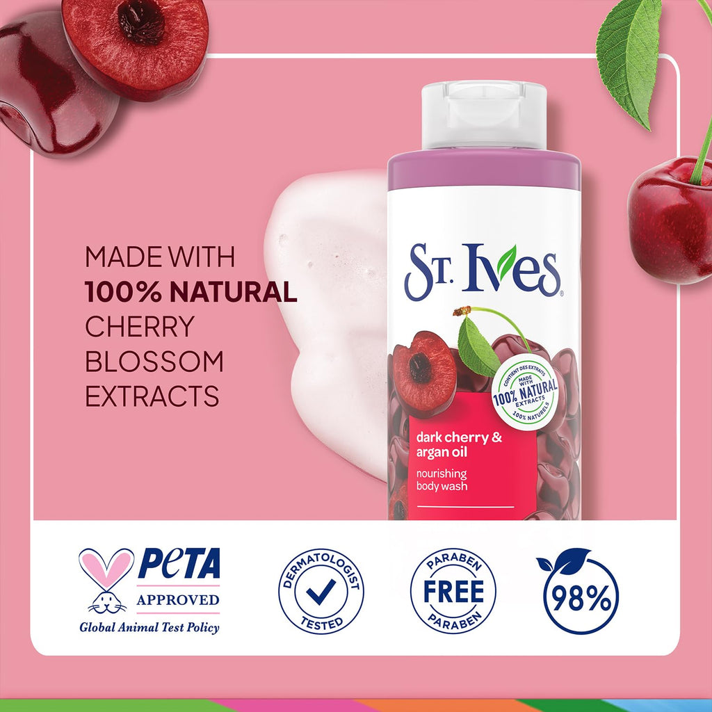 St. Ives Dark Cherry & Argan Oil Nourishing Shower Gel 2-Pack – 22 oz each | 100% Natural Extracts | Cruelty-Free