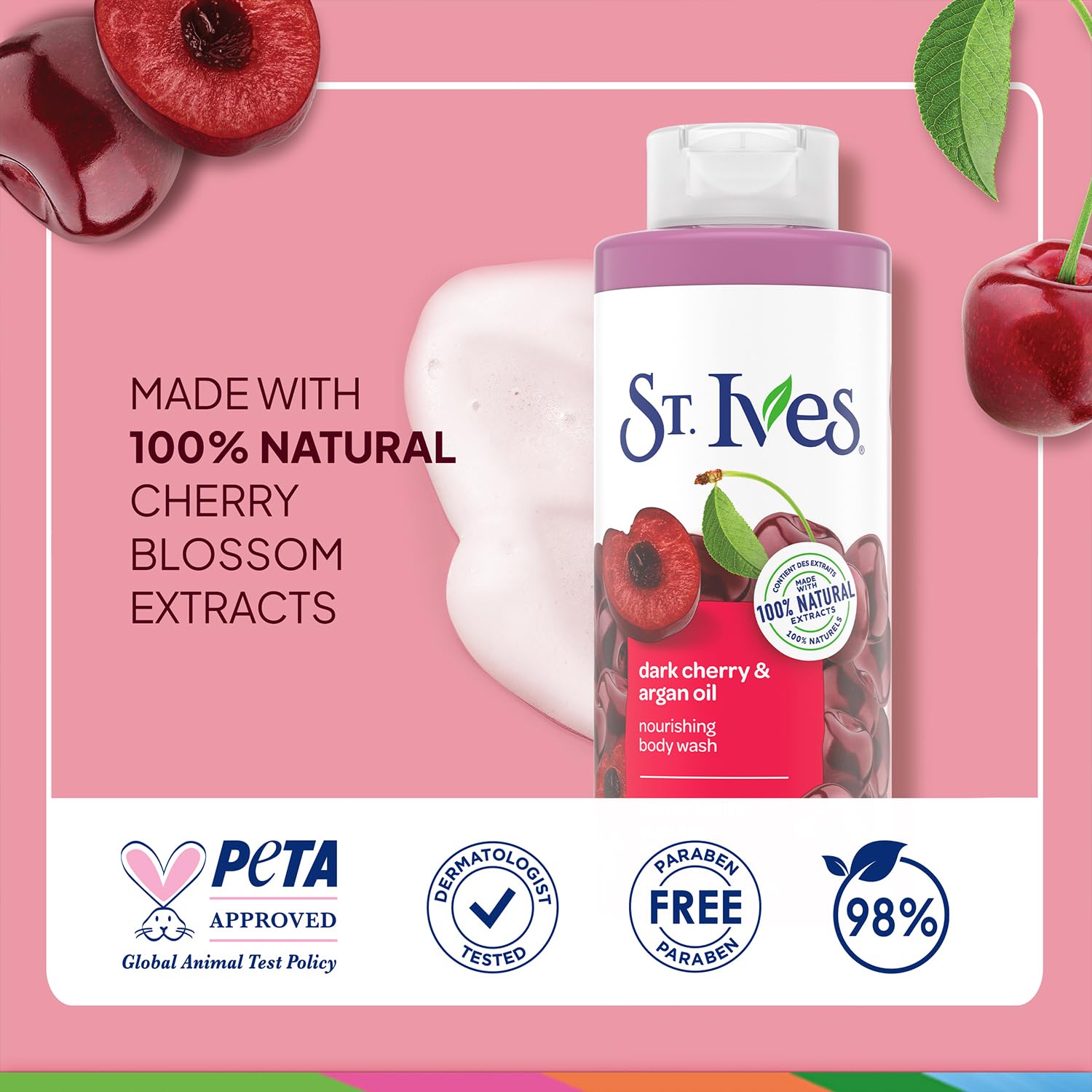 St. Ives Dark Cherry & Argan Oil Nourishing Shower Gel 2-Pack – 22 oz each | 100% Natural Extracts | Cruelty-Free