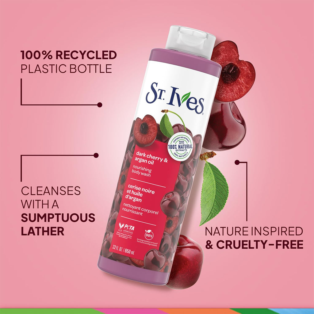 St. Ives Dark Cherry & Argan Oil Nourishing Shower Gel 2-Pack – 22 oz each | 100% Natural Extracts | Cruelty-Free