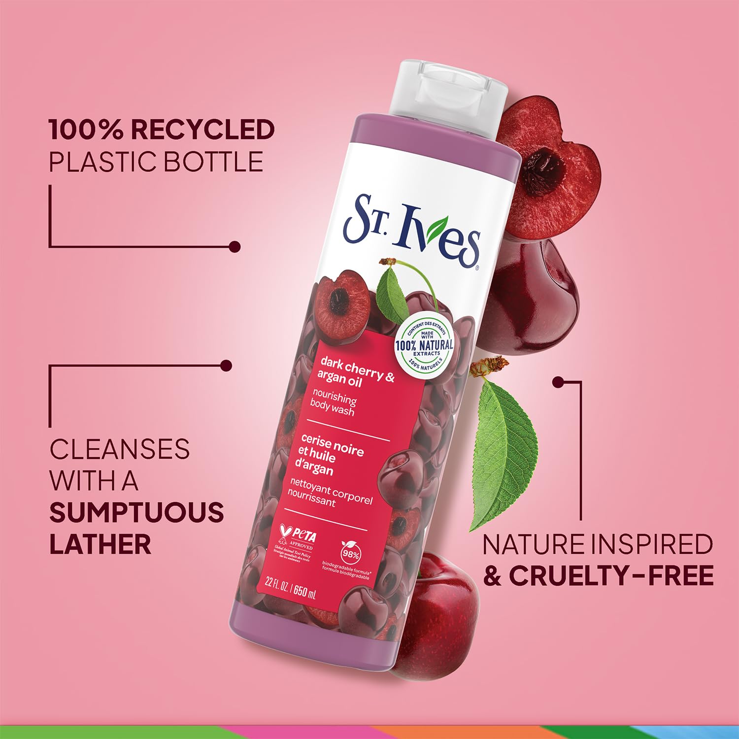 St. Ives Dark Cherry & Argan Oil Nourishing Shower Gel 2-Pack – 22 oz each | 100% Natural Extracts | Cruelty-Free