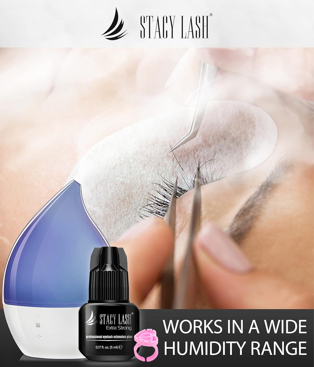 STACY LASH Extra Strong Eyelash Extension Glue — 0.17 fl oz / 5 ml, 0.5–1s Dry, 8-Week Retention, Professional Black Adhesive + Glue Ring