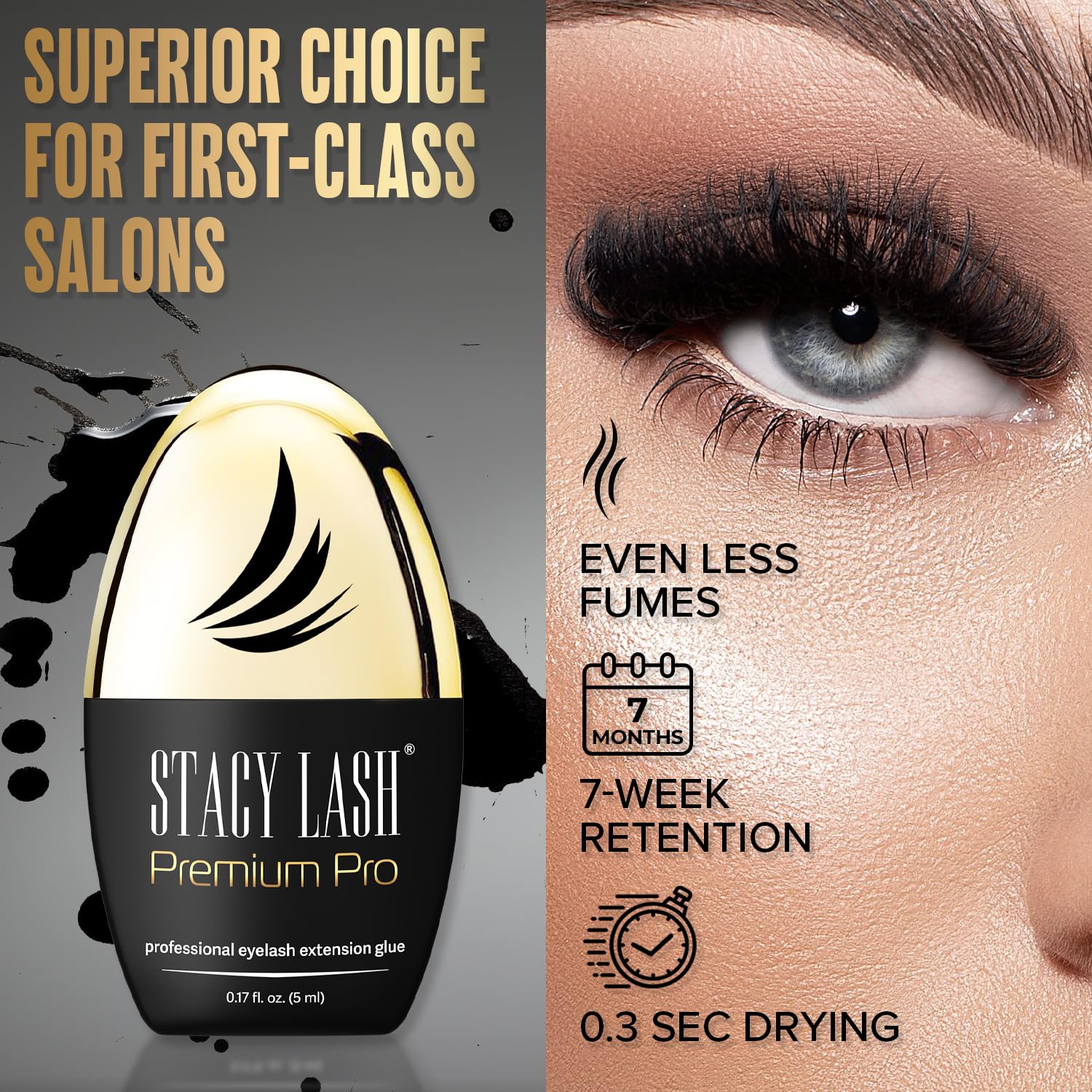 STACY LASH Premium Pro Eyelash Extension Glue – 0.17 oz, 0.3s Dry Time, Up to 7 Weeks Retention, Black Adhesive