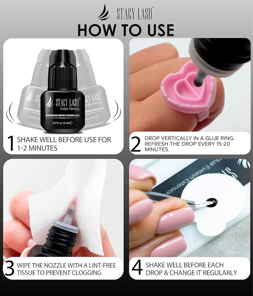 STACY LASH Extra Strong Eyelash Extension Glue — 0.17 fl oz / 5 ml, 0.5–1s Dry, 8-Week Retention, Professional Black Adhesive + Glue Ring
