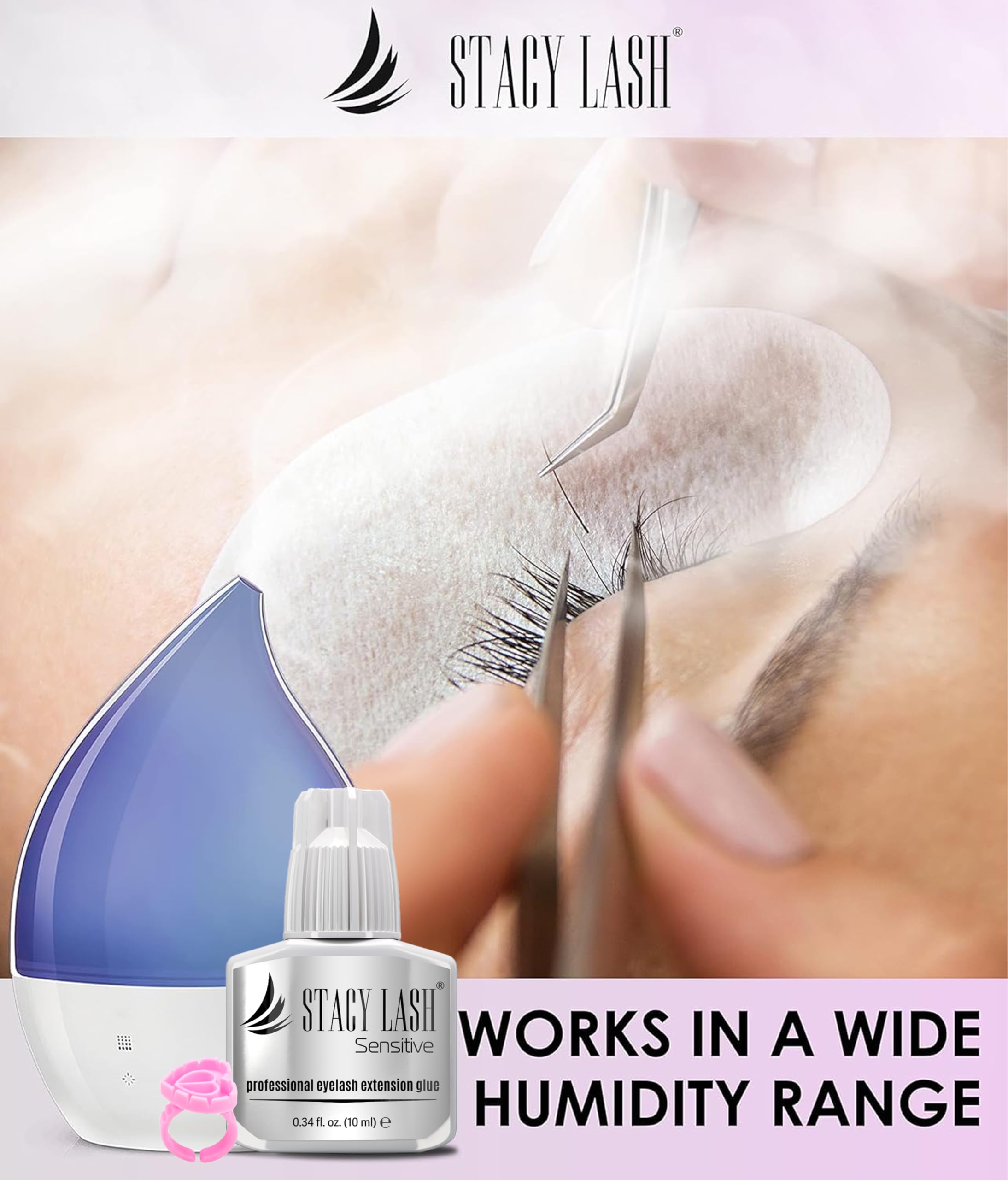 STACY LASH Sensitive Eyelash Extension Glue 0.34 oz | Low Fume, Fast Dry, 4-5 Week Retention (Includes Glue Ring)