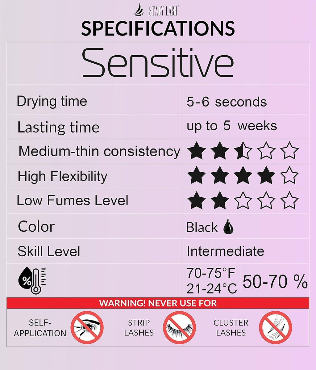 STACY LASH Sensitive Eyelash Extension Glue 0.34 oz | Low Fume, Fast Dry, 4-5 Week Retention (Includes Glue Ring)