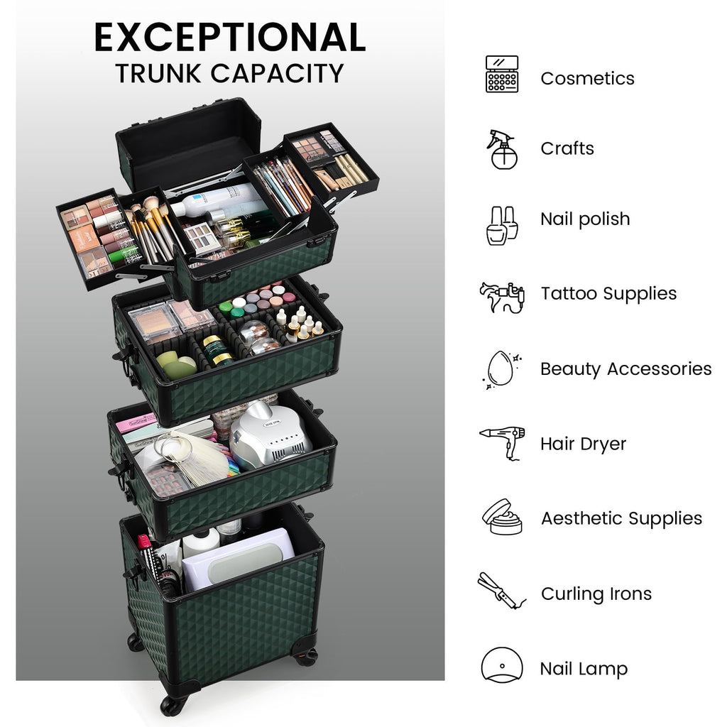 Stagiant Rolling Makeup Case 4-in-1 on Wheels | Portable Salon Organizer (Green)