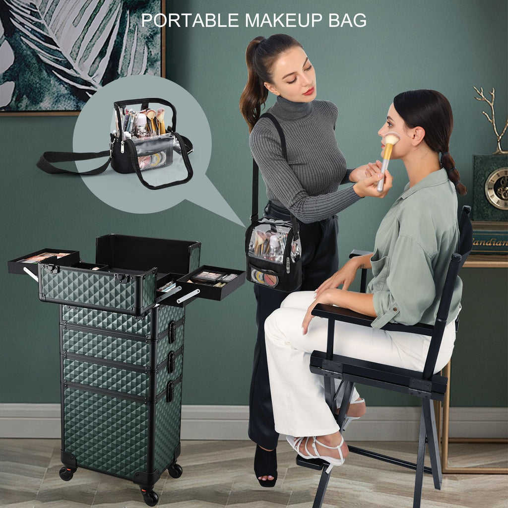 Stagiant Rolling Makeup Case 4-in-1 on Wheels | Portable Salon Organizer (Green)