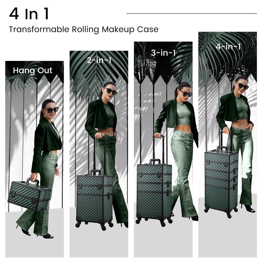 Stagiant Rolling Makeup Case 4-in-1 on Wheels | Portable Salon Organizer (Green)