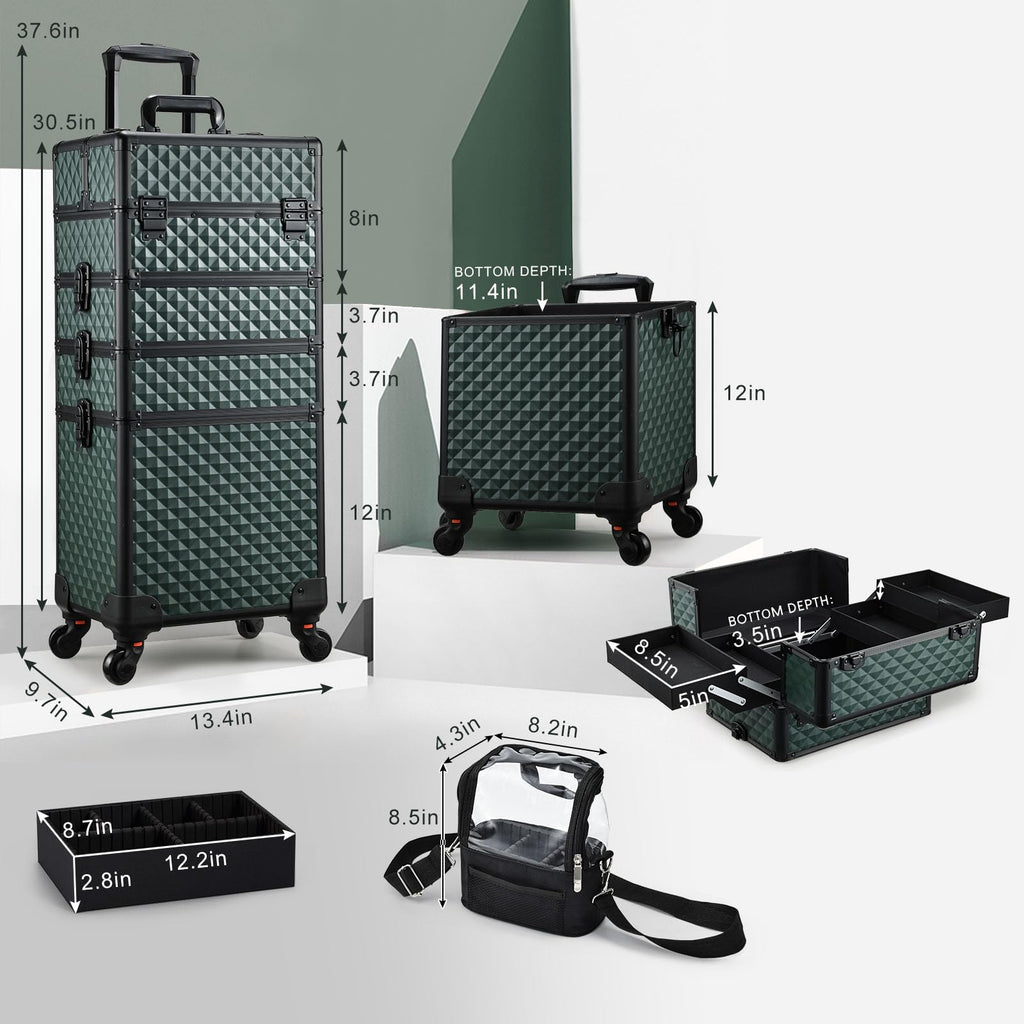 Stagiant Rolling Makeup Case 4-in-1 on Wheels | Portable Salon Organizer (Green)