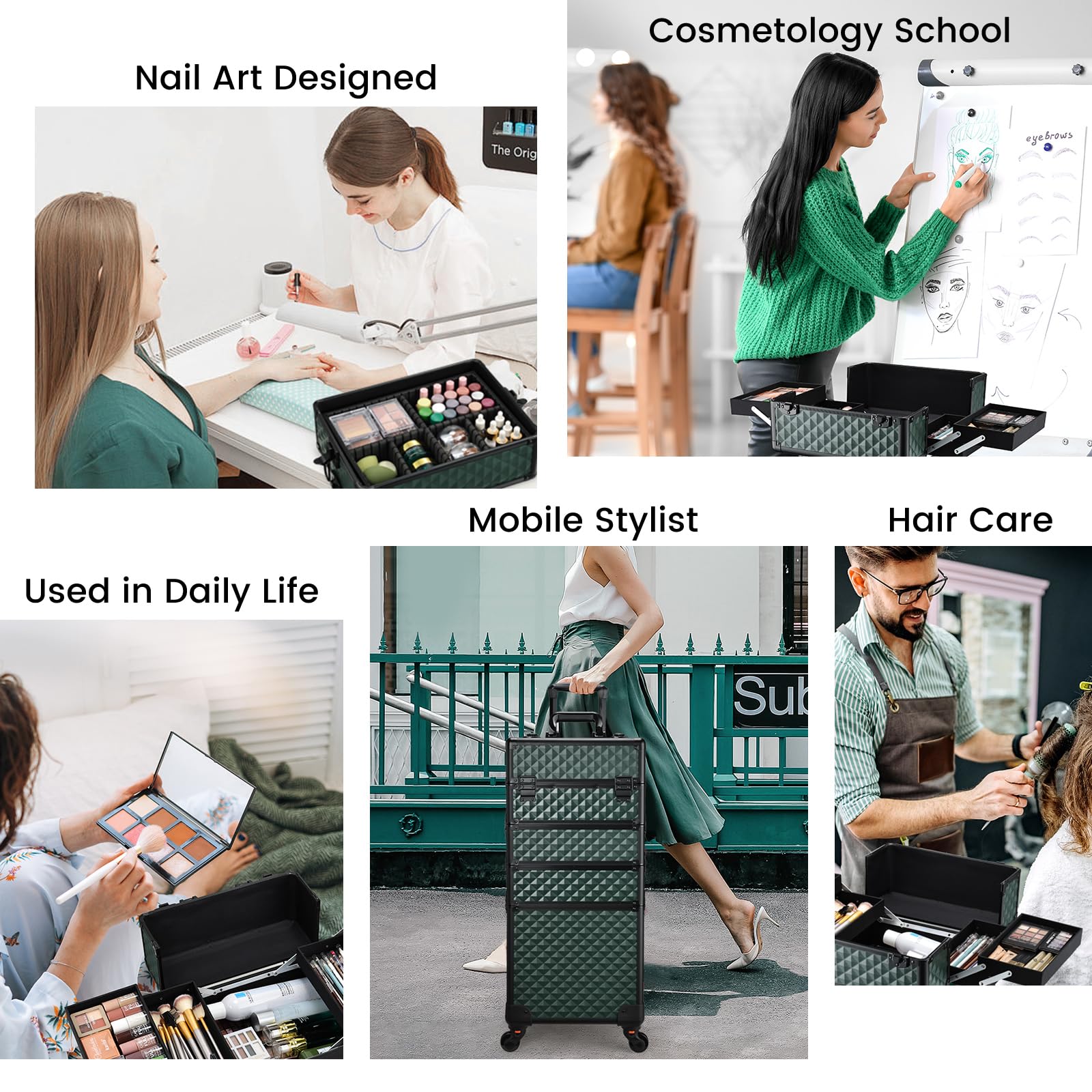 Stagiant Rolling Makeup Case 4-in-1 on Wheels | Portable Salon Organizer (Green)