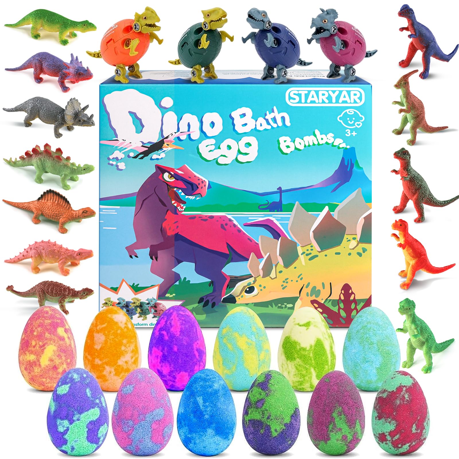 STARYAR Dinosaur Bath Bombs for Kids – 16-Pack with Surprise Toys