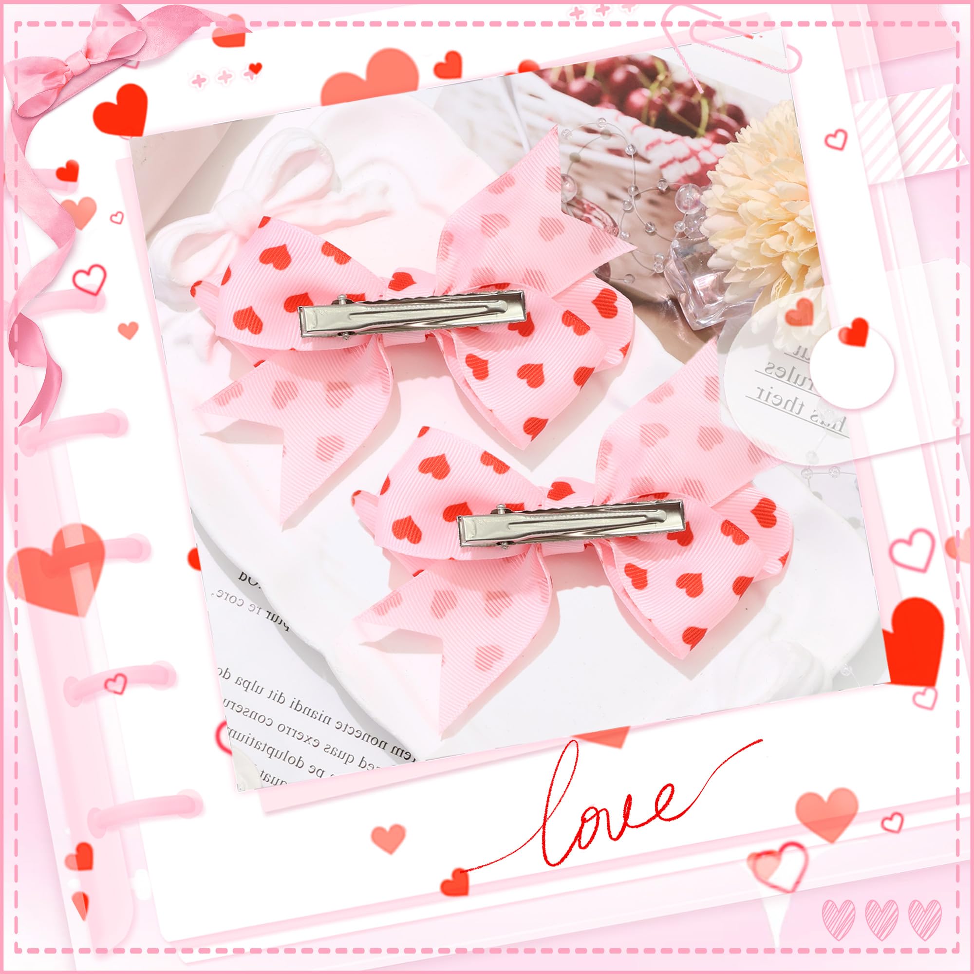 STGDAK Valentine Heart Hair Bow Clips – 4-Inch Pink & Red Print, 2-Pack
