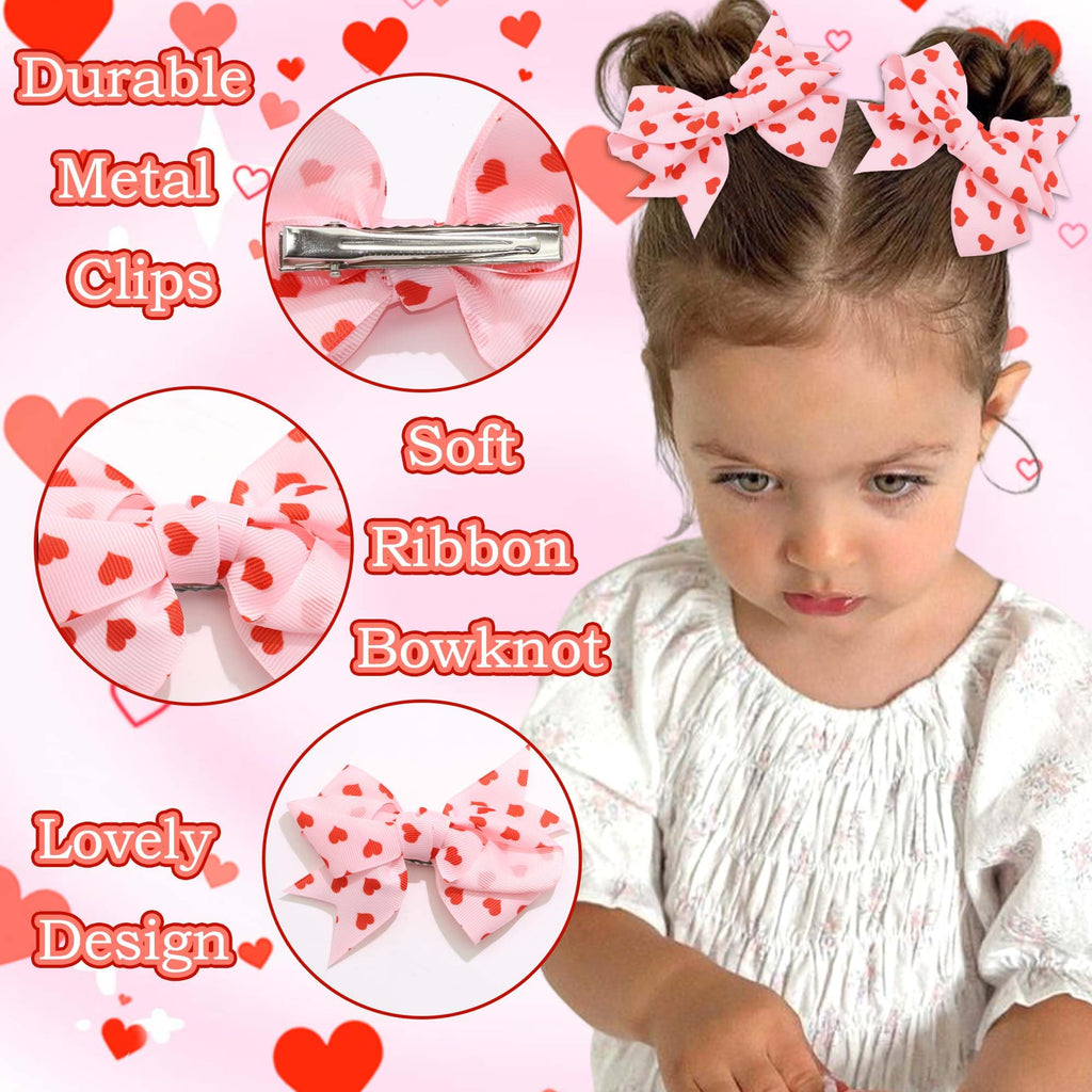 STGDAK Valentine Heart Hair Bow Clips – 4-Inch Pink & Red Print, 2-Pack
