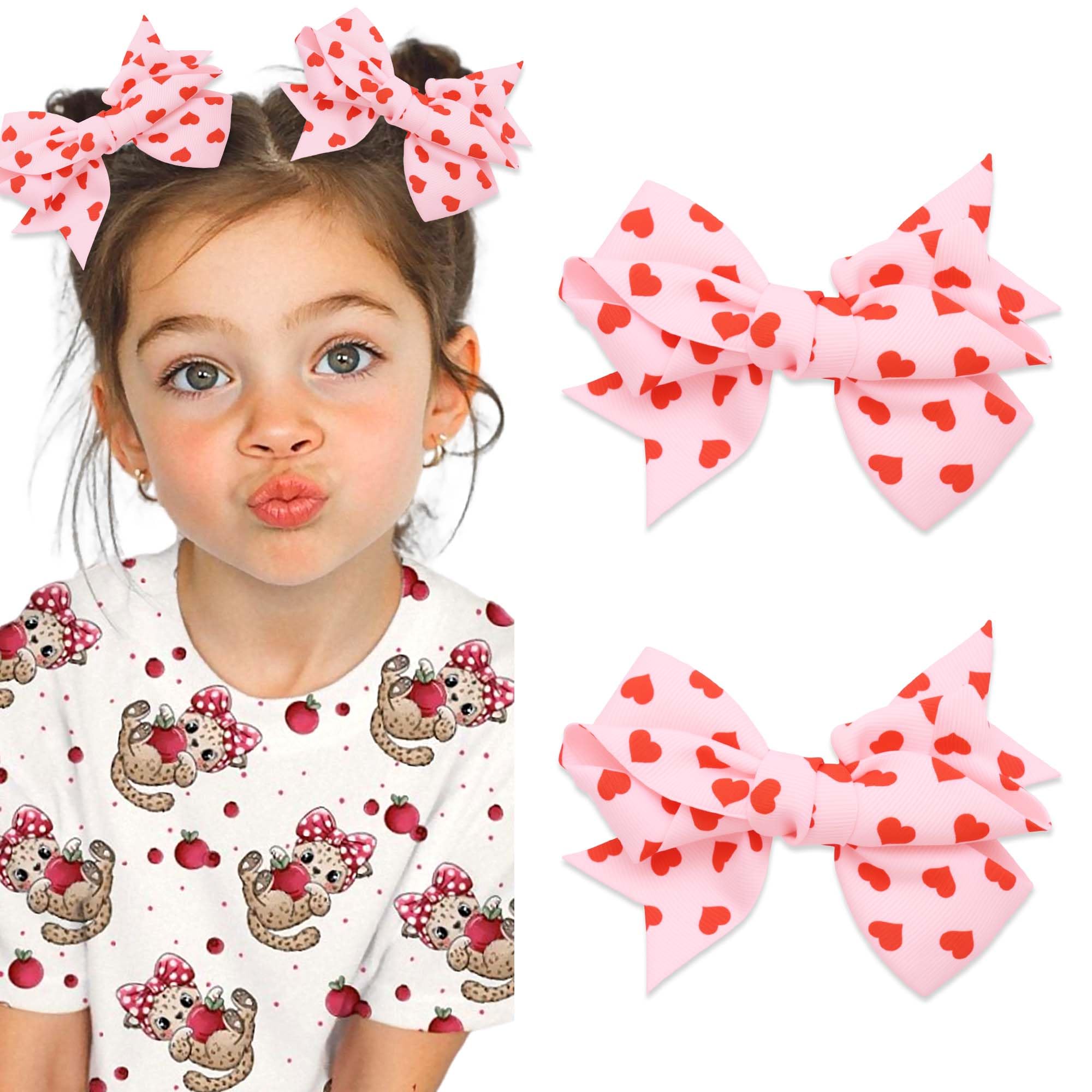 STGDAK Valentine Heart Hair Bow Clips – 4-Inch Pink & Red Print, 2-Pack