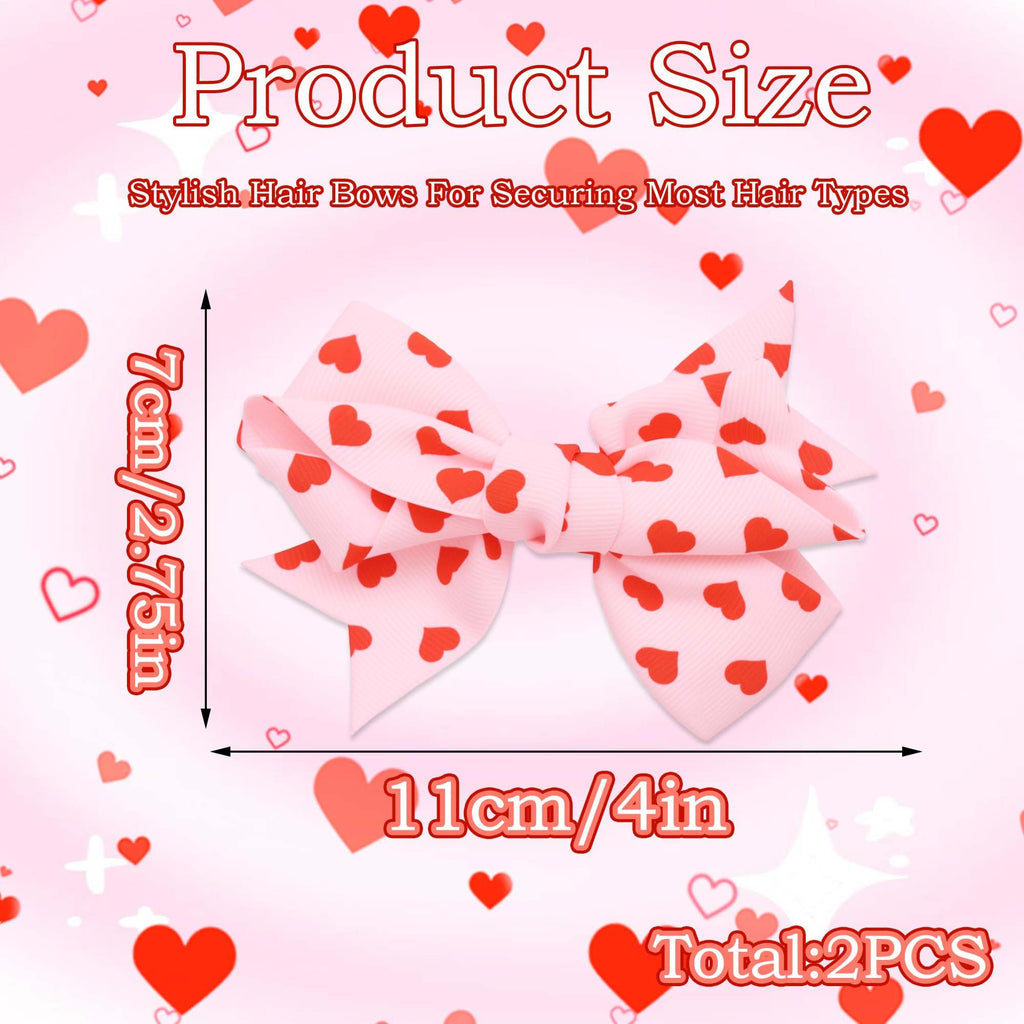 STGDAK Valentine Heart Hair Bow Clips – 4-Inch Pink & Red Print, 2-Pack
