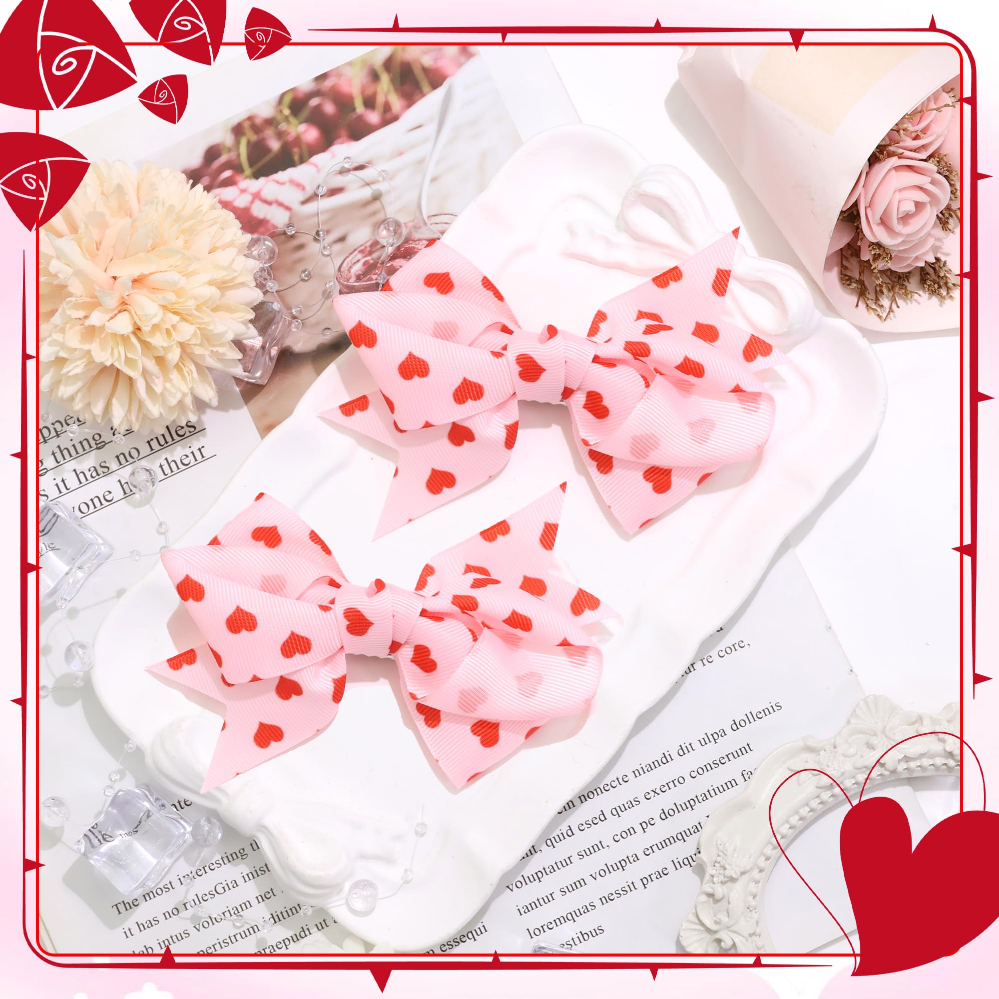 STGDAK Valentine Heart Hair Bow Clips – 4-Inch Pink & Red Print, 2-Pack