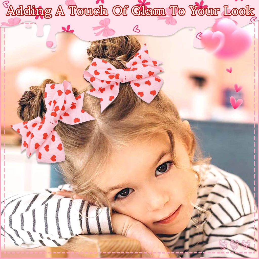 STGDAK Valentine Heart Hair Bow Clips – 4-Inch Pink & Red Print, 2-Pack