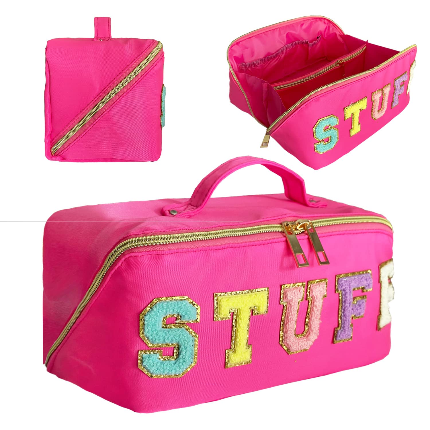 STOMKIRE Preppy Bag – Rose Red Nylon Makeup Bag with Chenille Letters