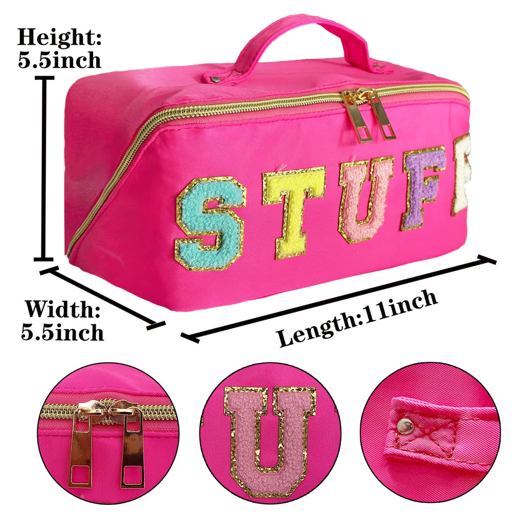 STOMKIRE Preppy Bag – Rose Red Nylon Makeup Bag with Chenille Letters