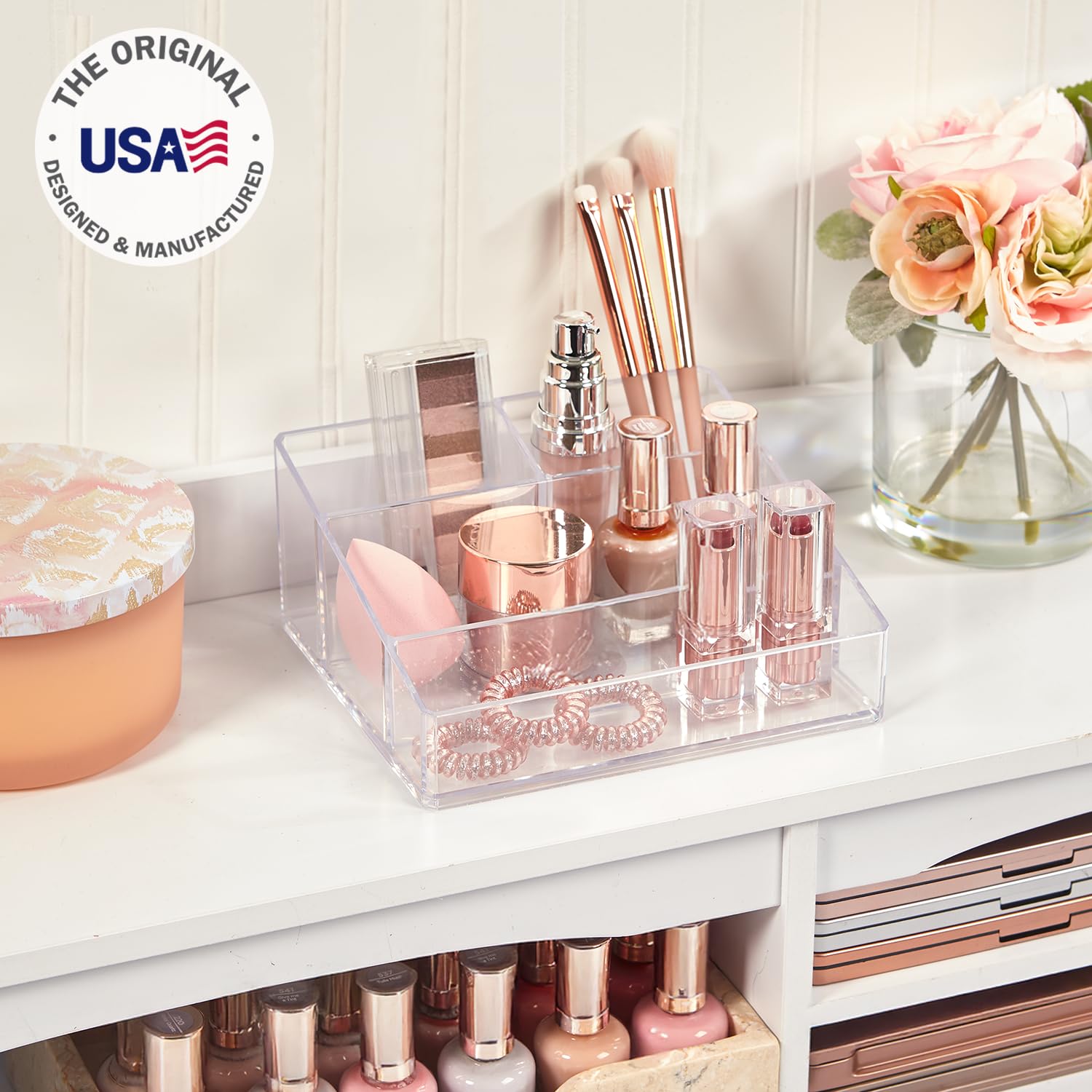 STORi Clear Plastic Small Countertop Vanity Organizer — 4-Compartment, Pack of 2, Made in USA