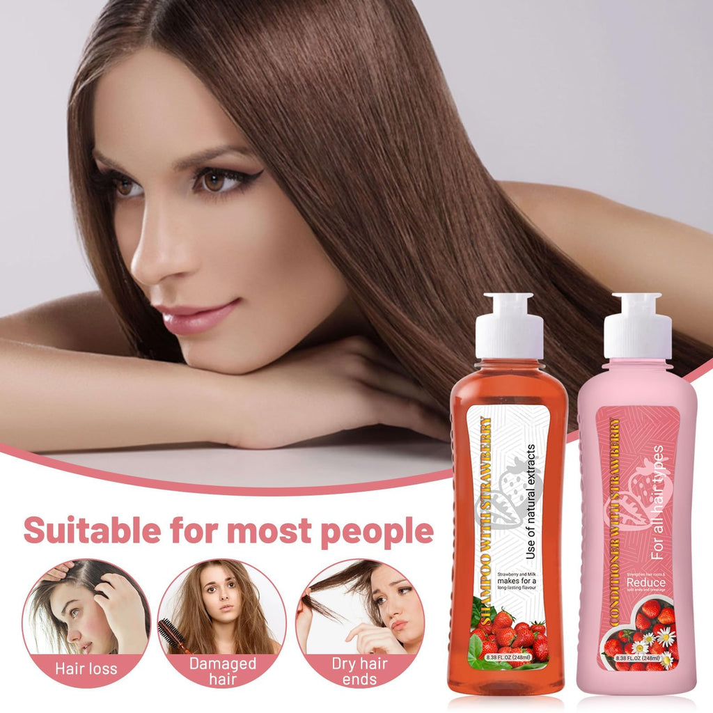 Strawberry & Milk Shampoo & Conditioner Set – All Hair Types, Strengthen Roots, Reduce Split Ends (8.38 Fl Oz Each)
