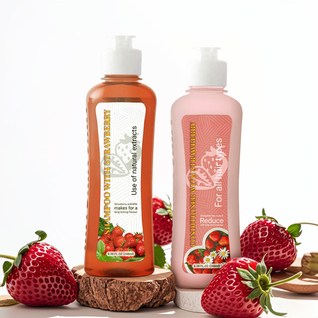 Strawberry & Milk Shampoo & Conditioner Set – All Hair Types, Strengthen Roots, Reduce Split Ends (8.38 Fl Oz Each)