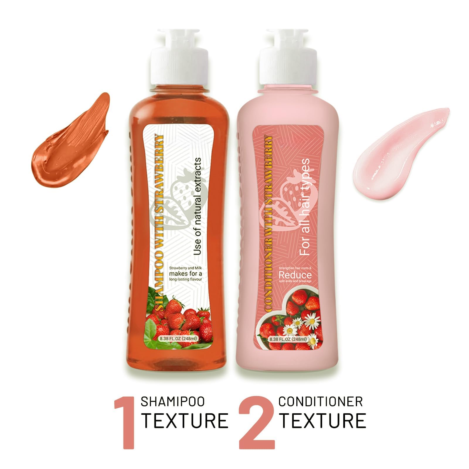 Strawberry & Milk Shampoo & Conditioner Set – All Hair Types, Strengthen Roots, Reduce Split Ends (8.38 Fl Oz Each)