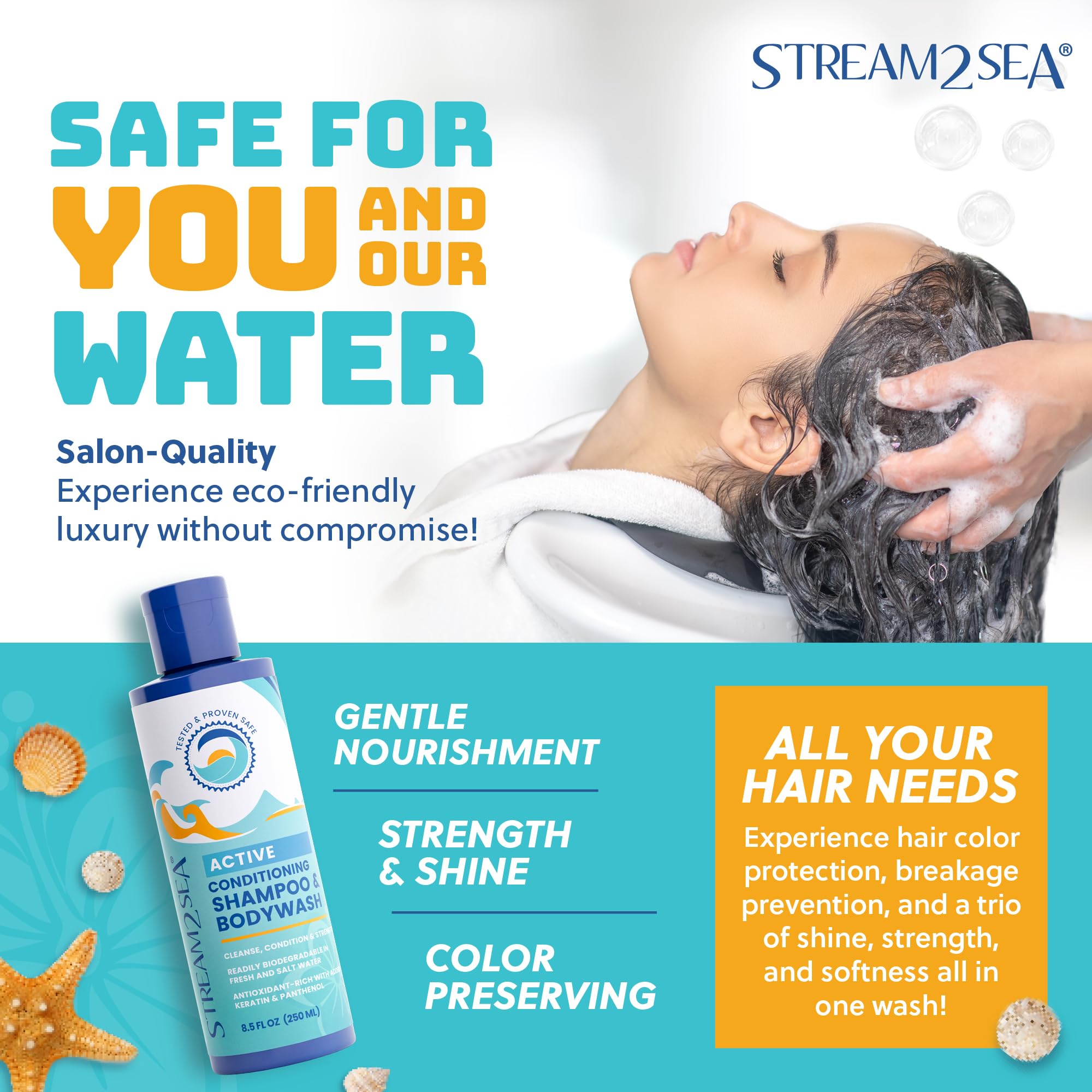 Stream2Sea 3-in-1 Swimmers Shampoo & Body Wash – Reef-Safe, Biodegradable, Travel Size 1.69oz