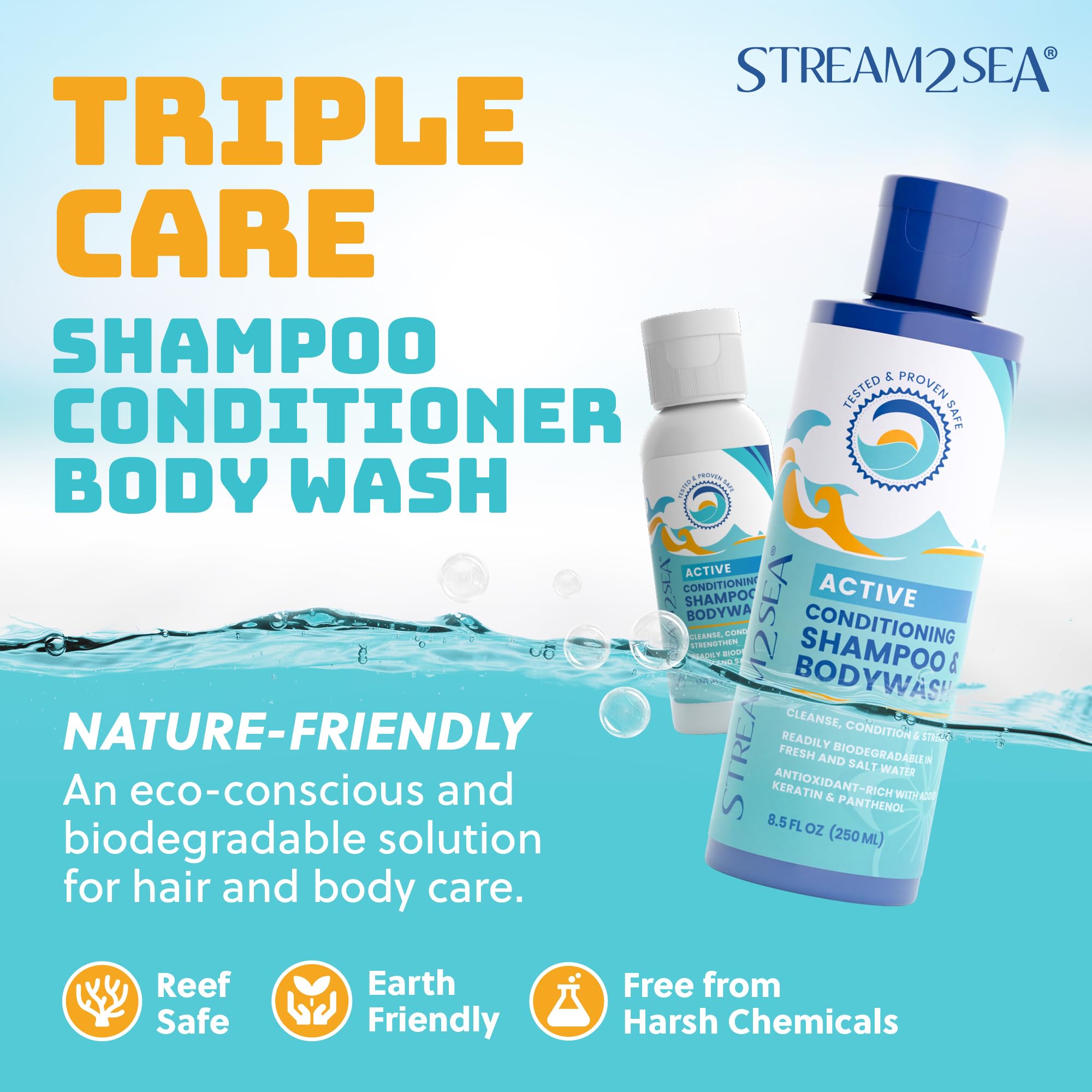 Stream2Sea 3-in-1 Swimmers Shampoo & Body Wash – Reef-Safe, Biodegradable, Travel Size 1.69oz