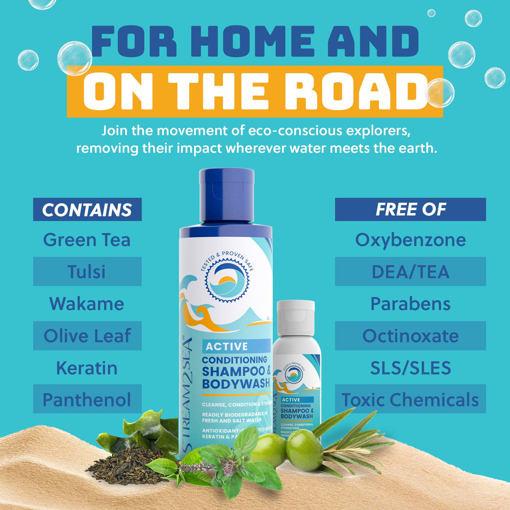Stream2Sea 3-in-1 Swimmers Shampoo & Body Wash – Reef-Safe, Biodegradable, Travel Size 1.69oz