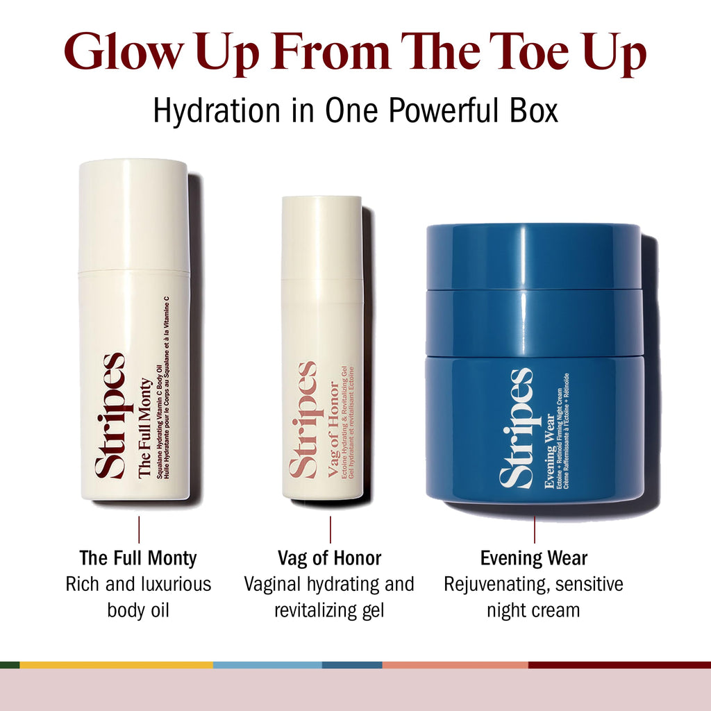 STRIPES Naomi Watts Glow Up Toe Up Holiday Gift Set | Full-Size Night Cream + Travel-Size Body Oil & Intimate Gel