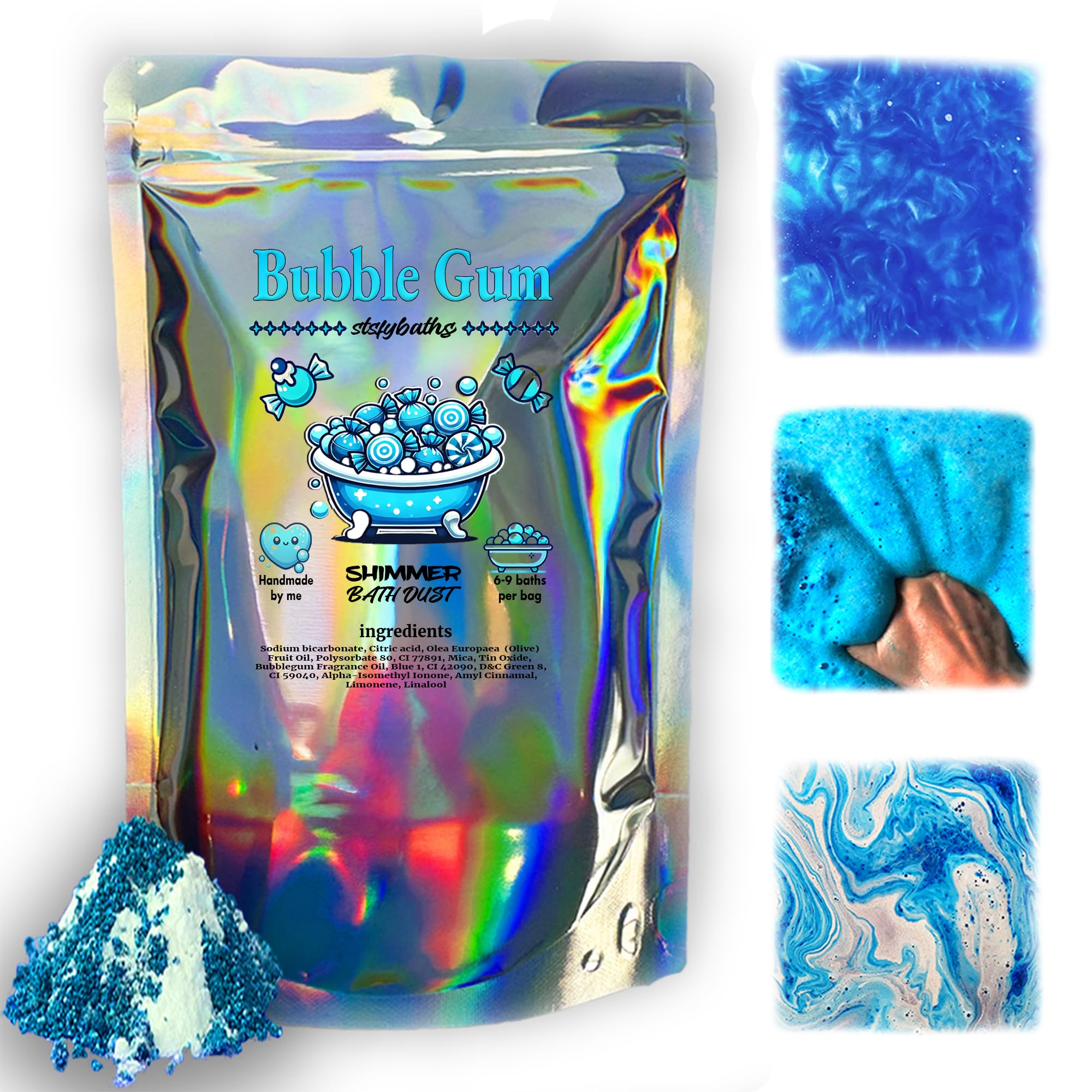 Stsfybaths Sky Blue Bubblegum Shimmer Bath Bomb in a Bag - Handmade Scented Bath Bombs for Women, Kids & Men (11.64 oz)