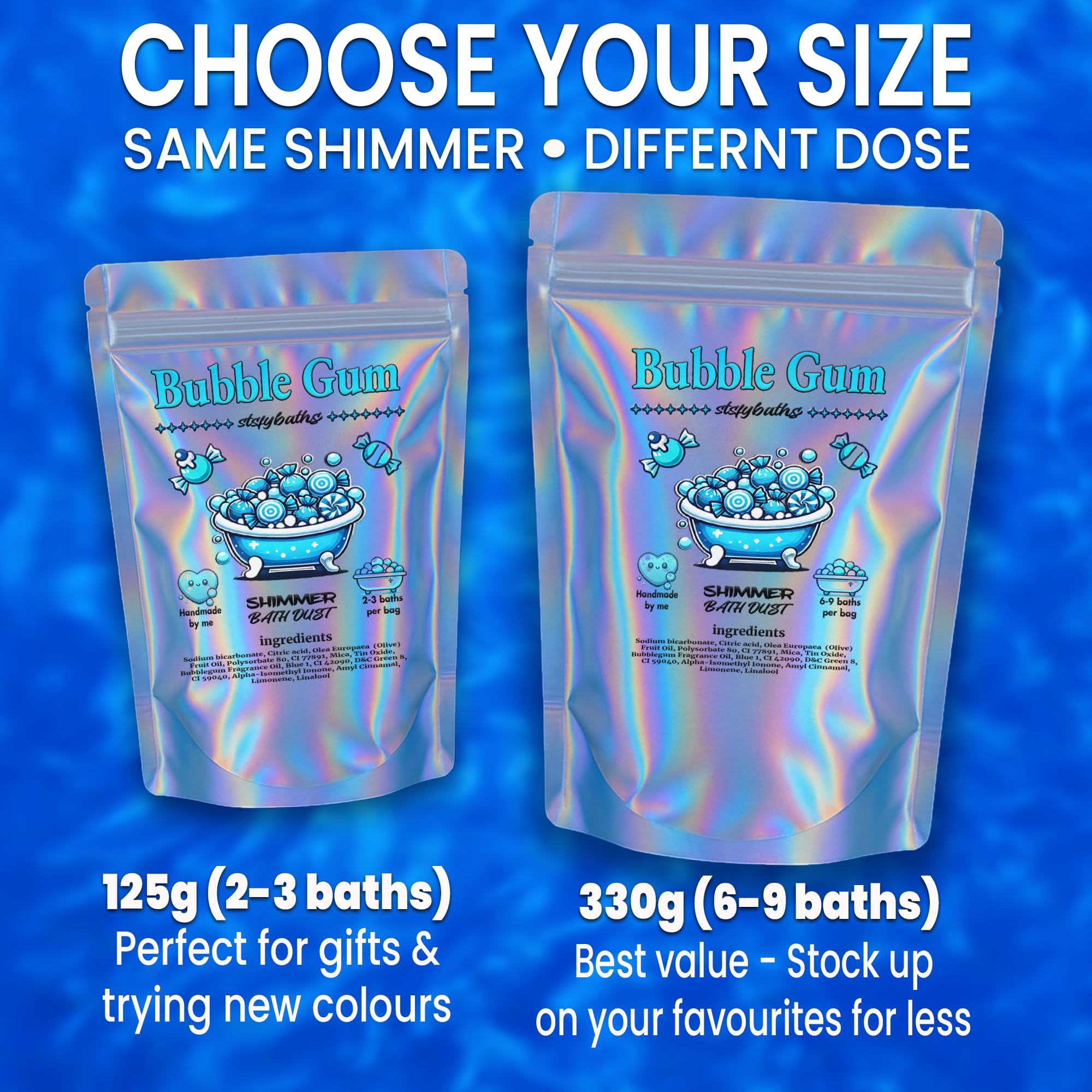 Stsfybaths Sky Blue Bubblegum Shimmer Bath Bomb in a Bag - Handmade Scented Bath Bombs for Women, Kids & Men (11.64 oz)