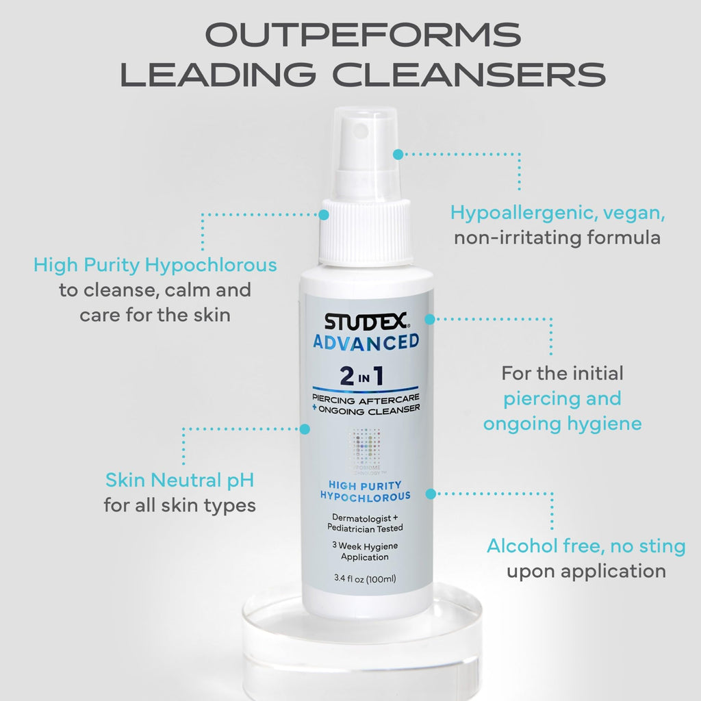 Studex Advanced 2-in-1 Piercing Aftercare & Cleanser – Hypochlorous Spray for Body & Ear (Pack of 2)