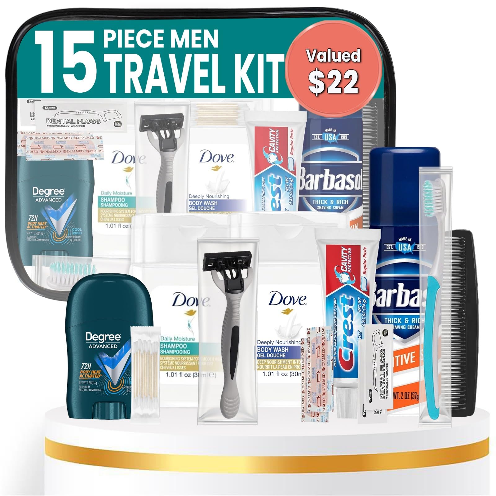 Trektote Travel Toiletry Kit for Men – 15-Piece TSA-Approved Set | Stuhrling Bottle