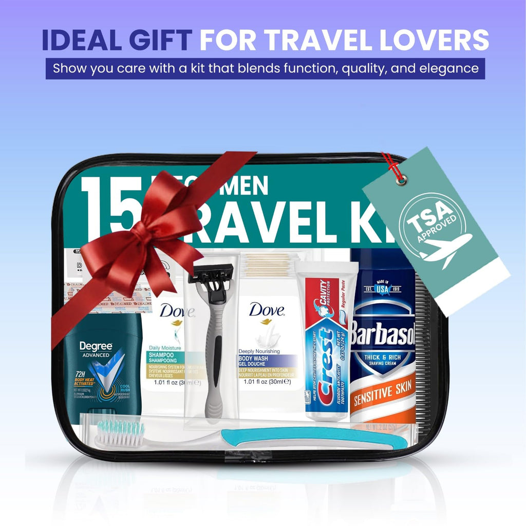 Trektote Travel Toiletry Kit for Men – 15-Piece TSA-Approved Set | Stuhrling Bottle