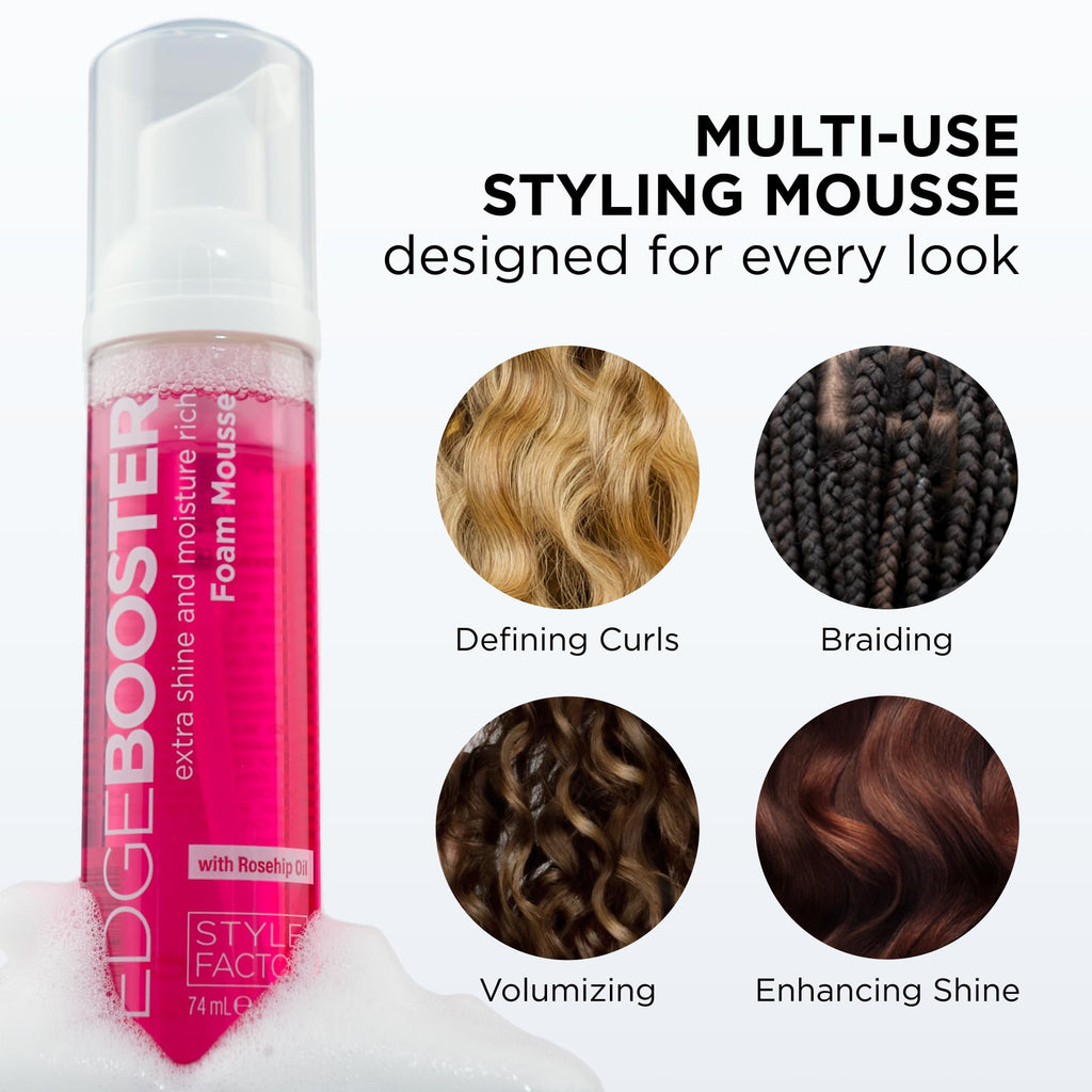Style Factor EDGE BOOSTER: Extra Shine & Moisture Foam Mousse | Lightweight Styling for Curls, Waves & Protective Styles | Argan Oil | 9 fl oz