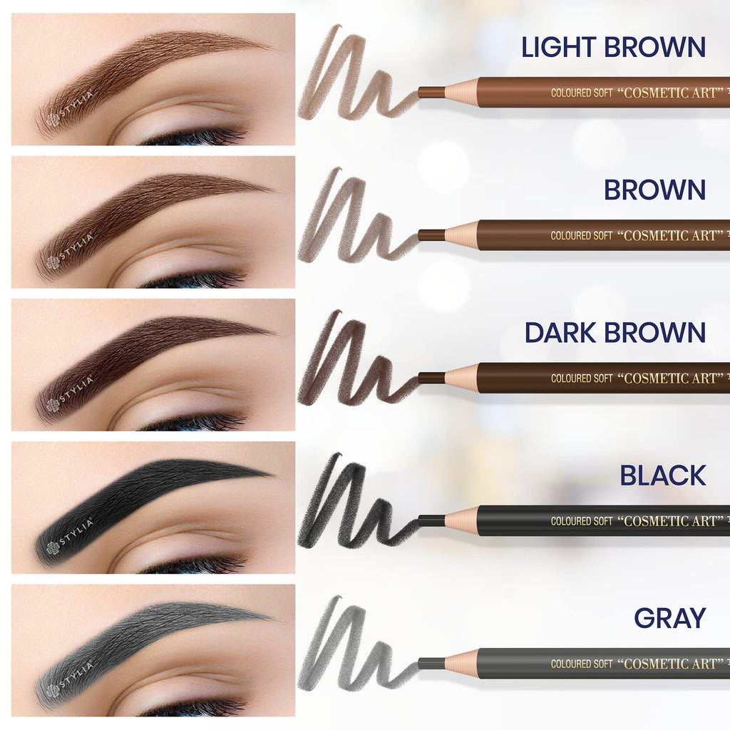Stylia Waterproof Eyebrow Pencils for Women – 12pc Dark Brown, Long-Lasting Brow Pencil & Sharpener