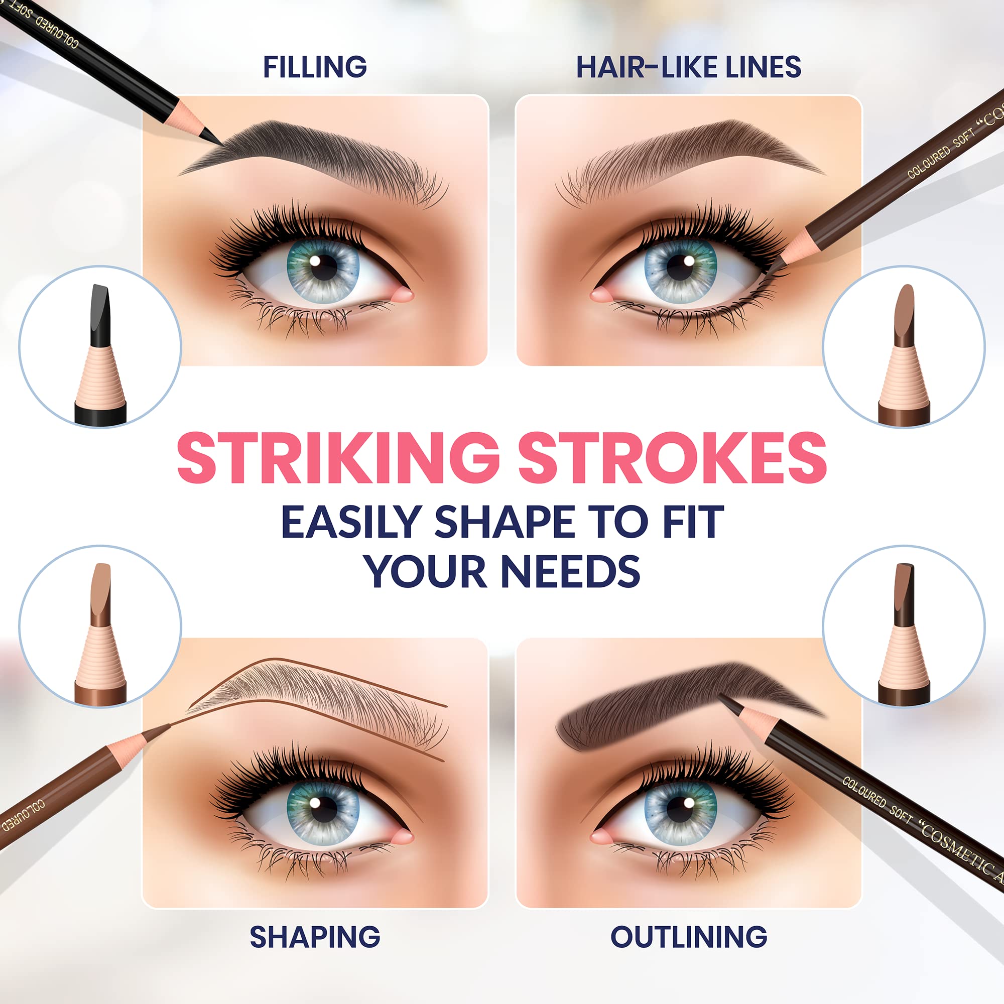 Stylia Waterproof Eyebrow Pencils for Women – 12pc Dark Brown, Long-Lasting Brow Pencil & Sharpener