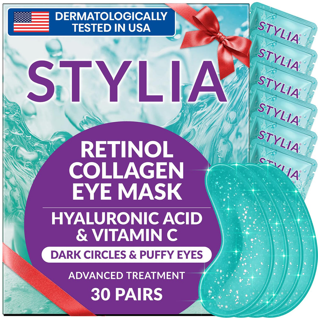 Stylia Under Eye Patches for Puffy Eyes & Dark Circles (30 Pairs) - Marine Collagen Mask with Retinol, Vitamin C, Hyaluronic Acid, Pearl Extract