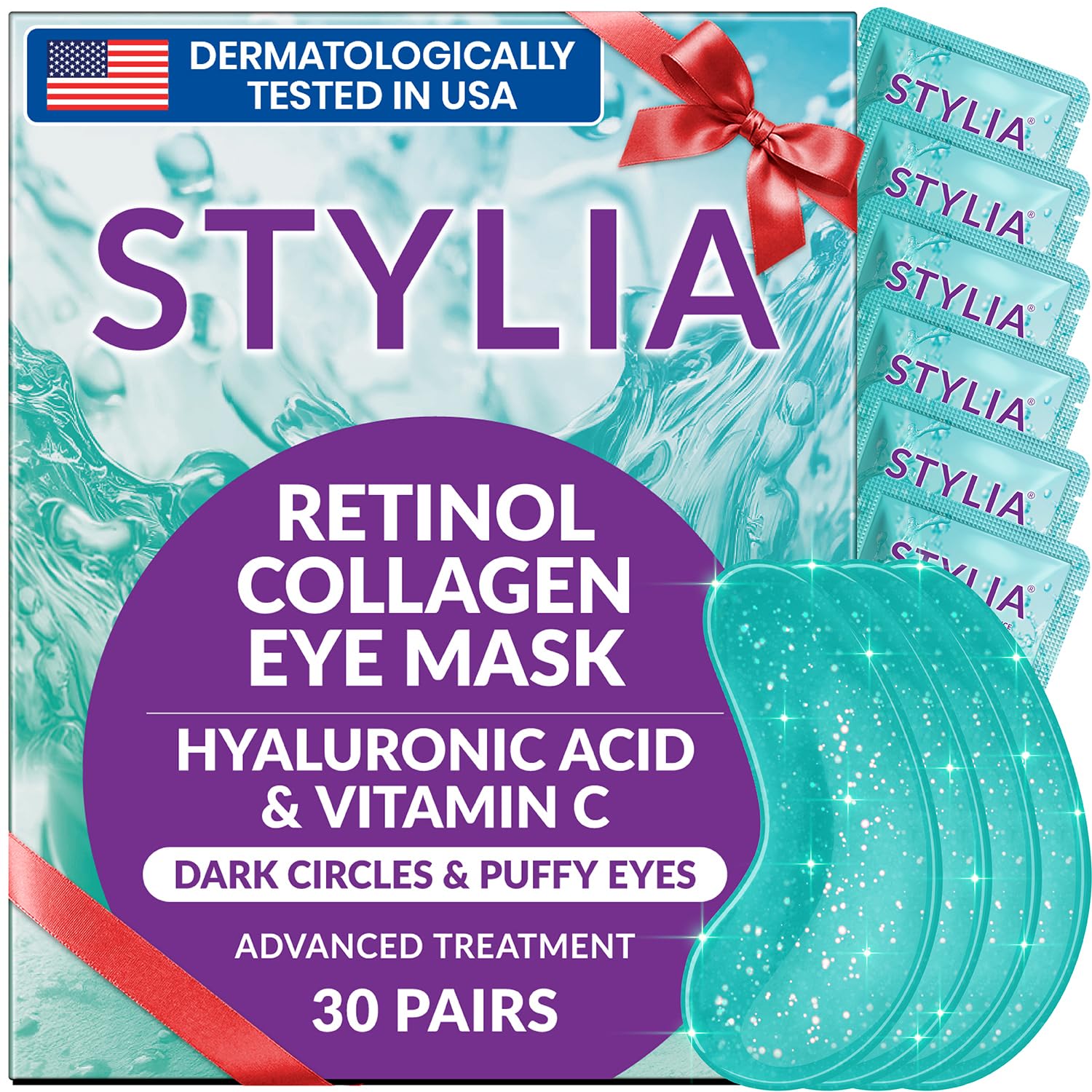 Stylia Under Eye Patches for Puffy Eyes & Dark Circles (30 Pairs) - Marine Collagen Mask with Retinol, Vitamin C, Hyaluronic Acid, Pearl Extract