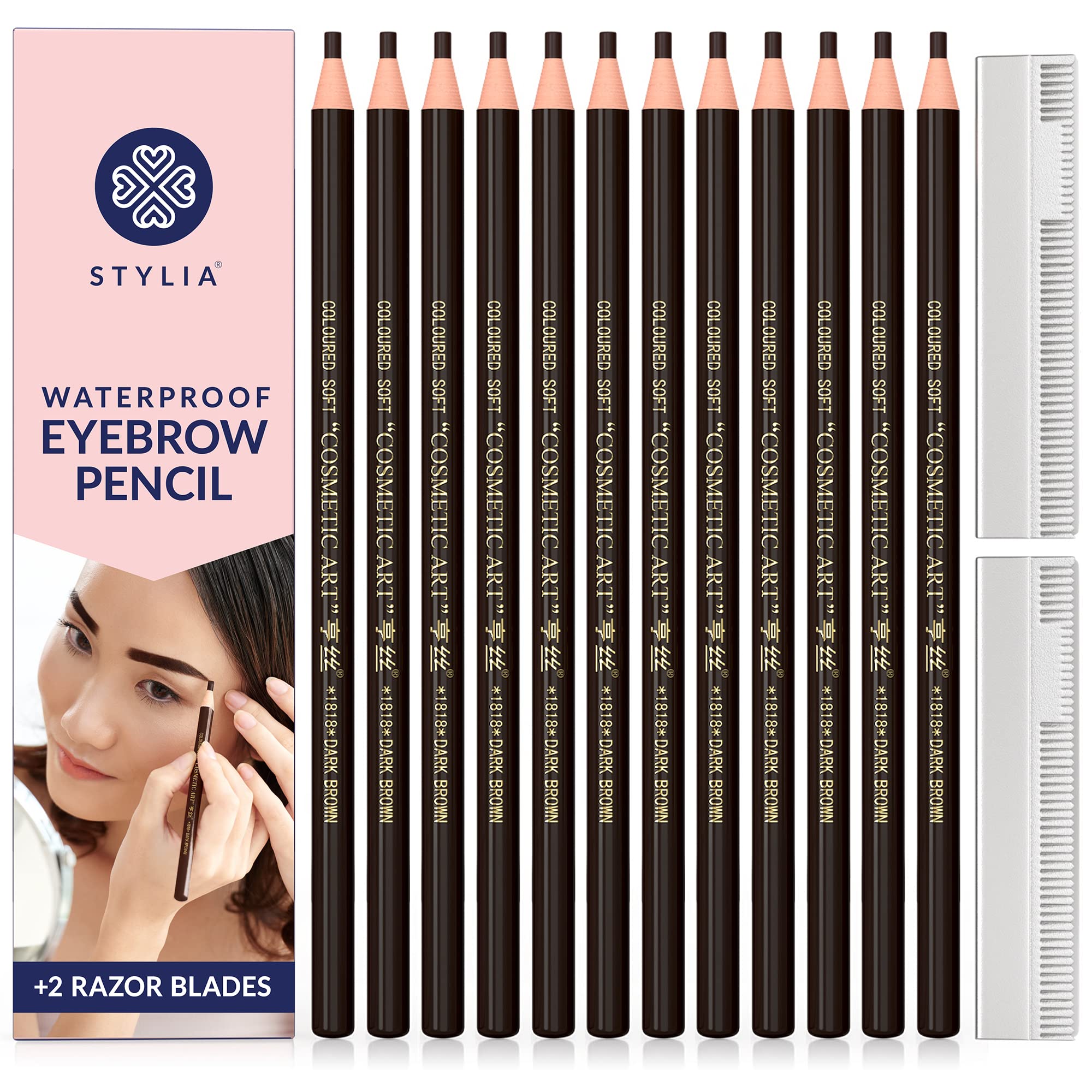 Stylia Waterproof Eyebrow Pencils for Women – 12pc Dark Brown, Long-Lasting Brow Pencil & Sharpener