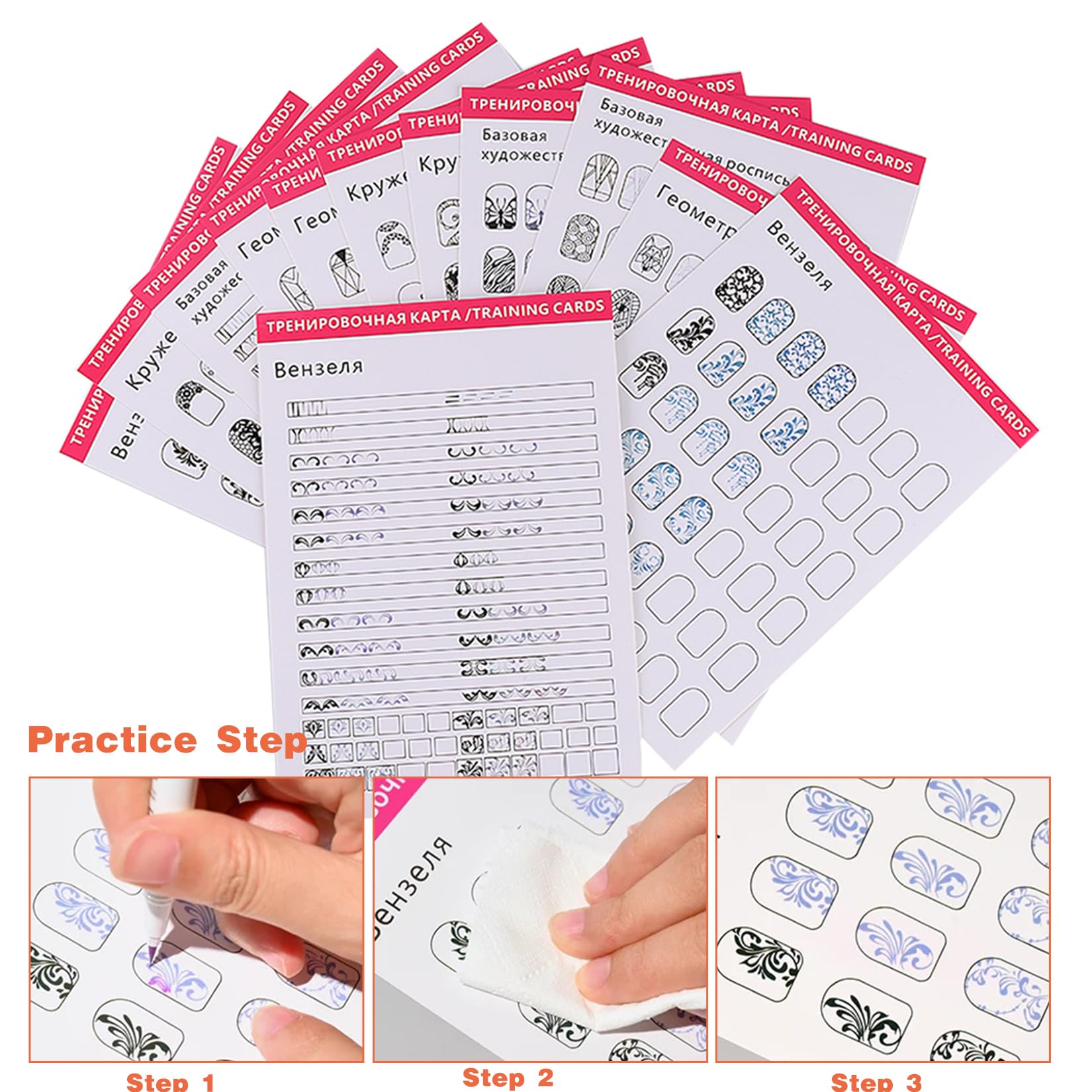 STZPRONAIL Practice Nail Art Book – 12 Pattern Books, Liner Brushes & Remover Wipes Kit
