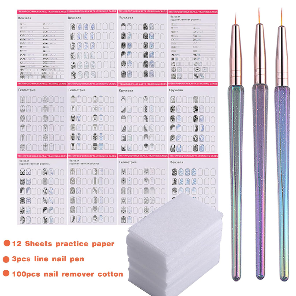 STZPRONAIL Practice Nail Art Book – 12 Pattern Books, Liner Brushes & Remover Wipes Kit