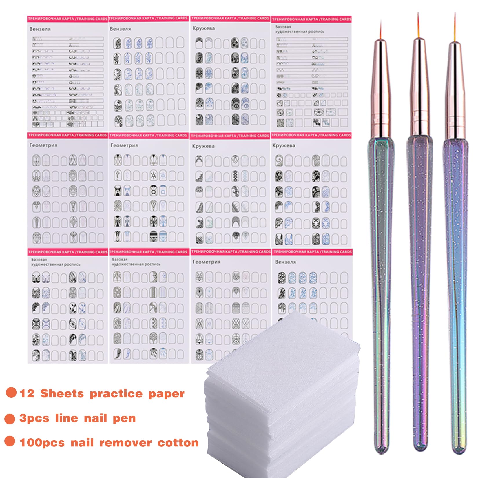 STZPRONAIL Practice Nail Art Book – 12 Pattern Books, Liner Brushes & Remover Wipes Kit