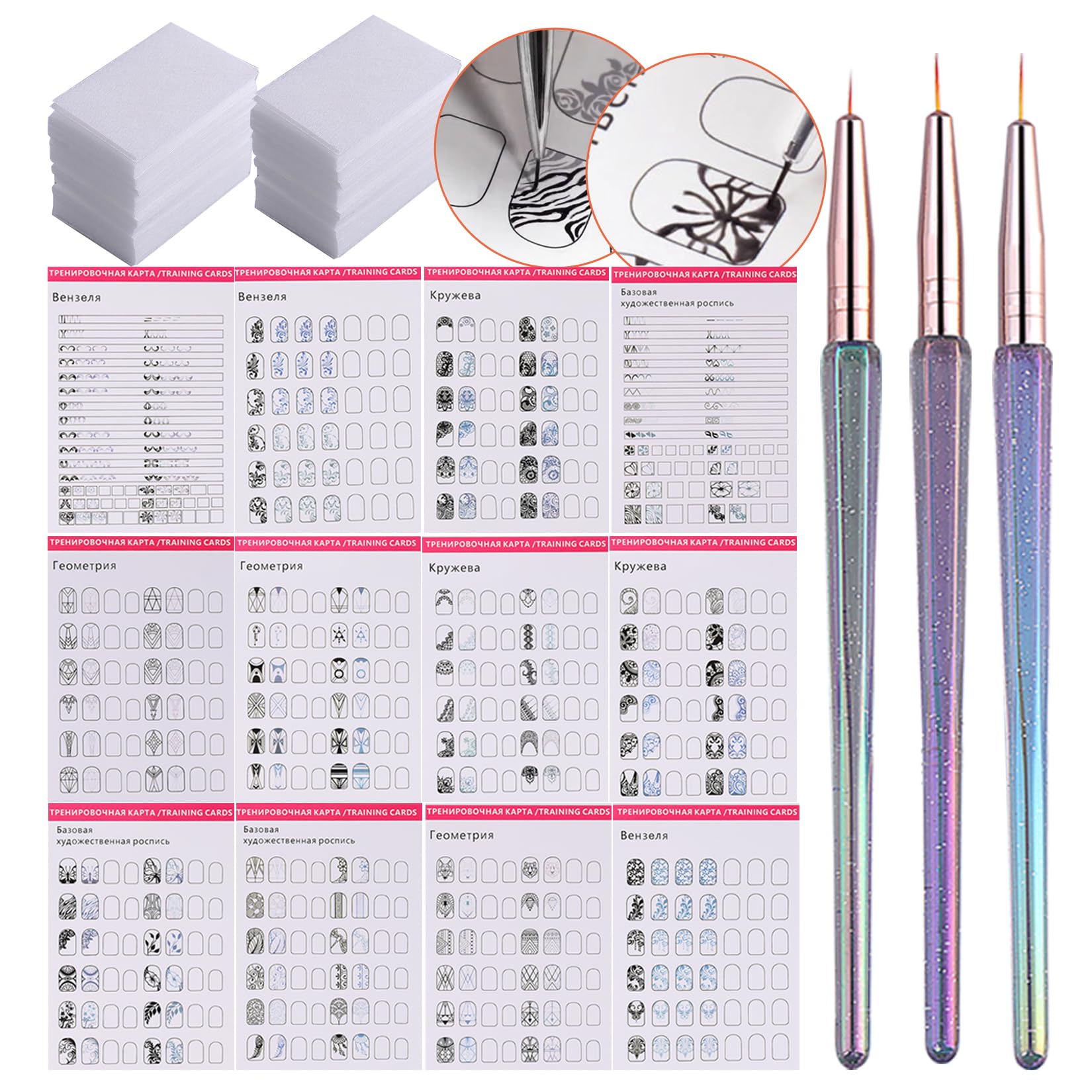 STZPRONAIL Practice Nail Art Book – 12 Pattern Books, Liner Brushes & Remover Wipes Kit