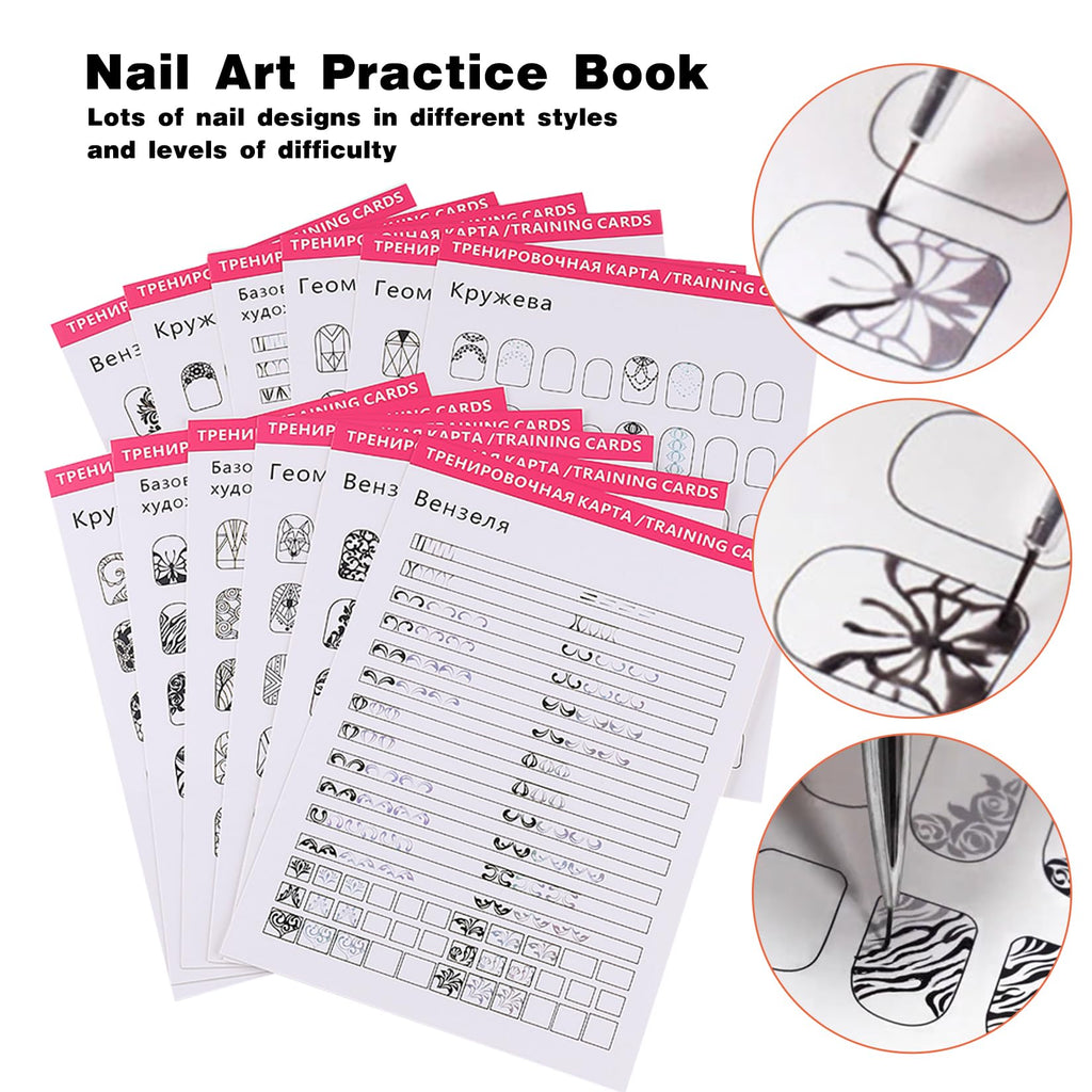 STZPRONAIL Practice Nail Art Book – 12 Pattern Books, Liner Brushes & Remover Wipes Kit