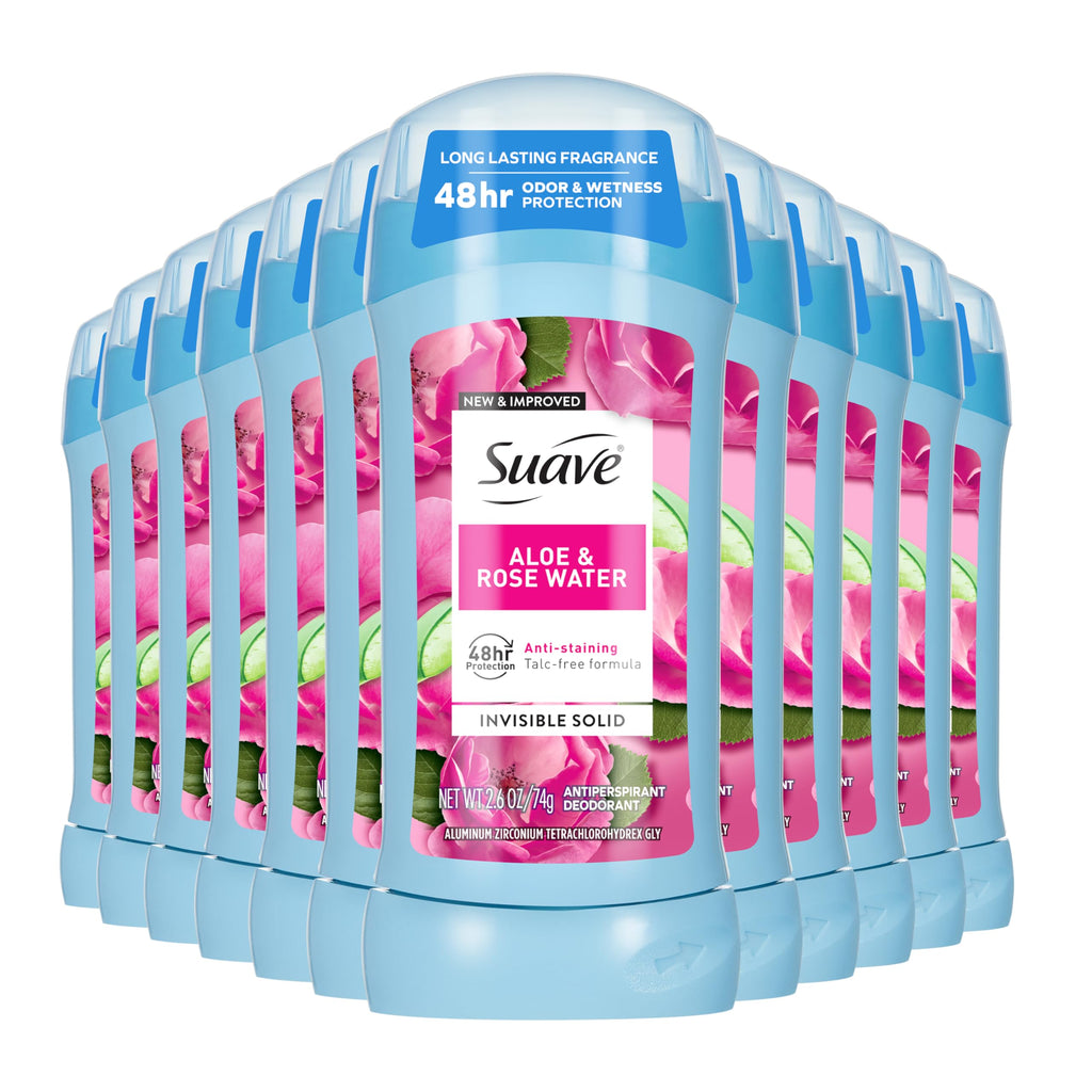 Suave Aloe & Rose Water Invisible Antiperspirant Deodorant for Women – 48-Hour Protection, 2.6 oz (12 Bulk Pack)