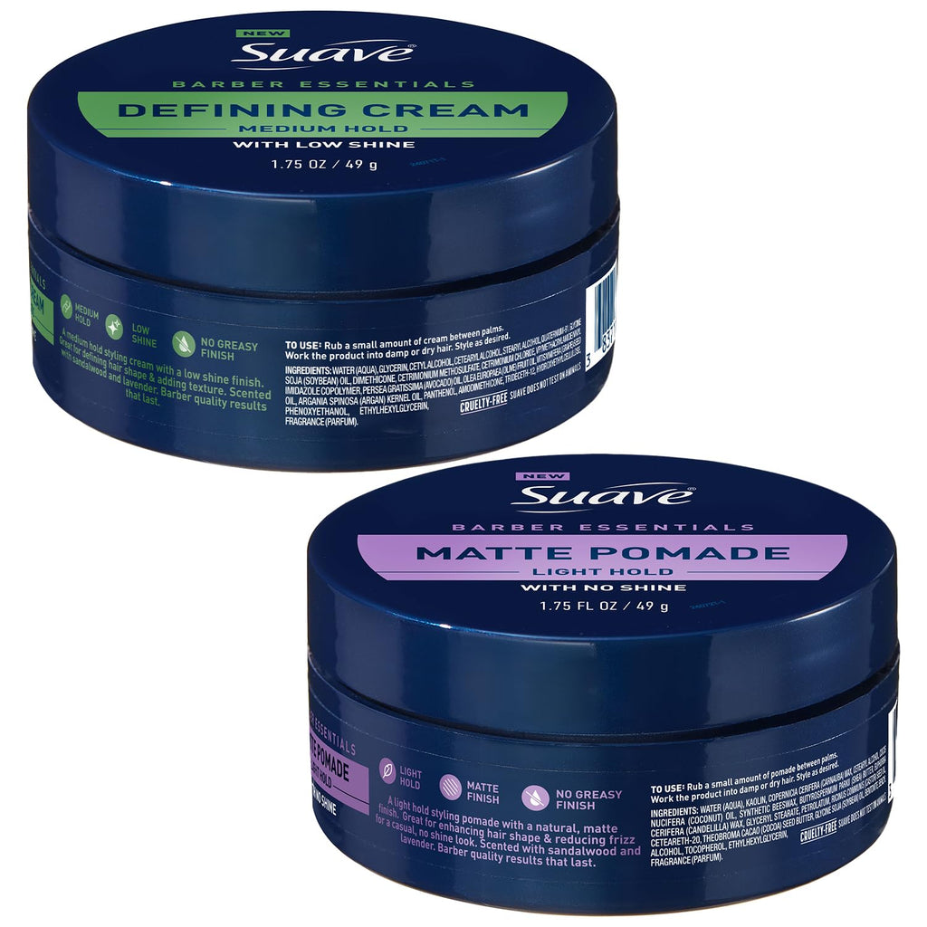 Suave+ Barber Essentials 2-Pack – Matte Pomade & Defining Cream for Men | Light to Medium Hold